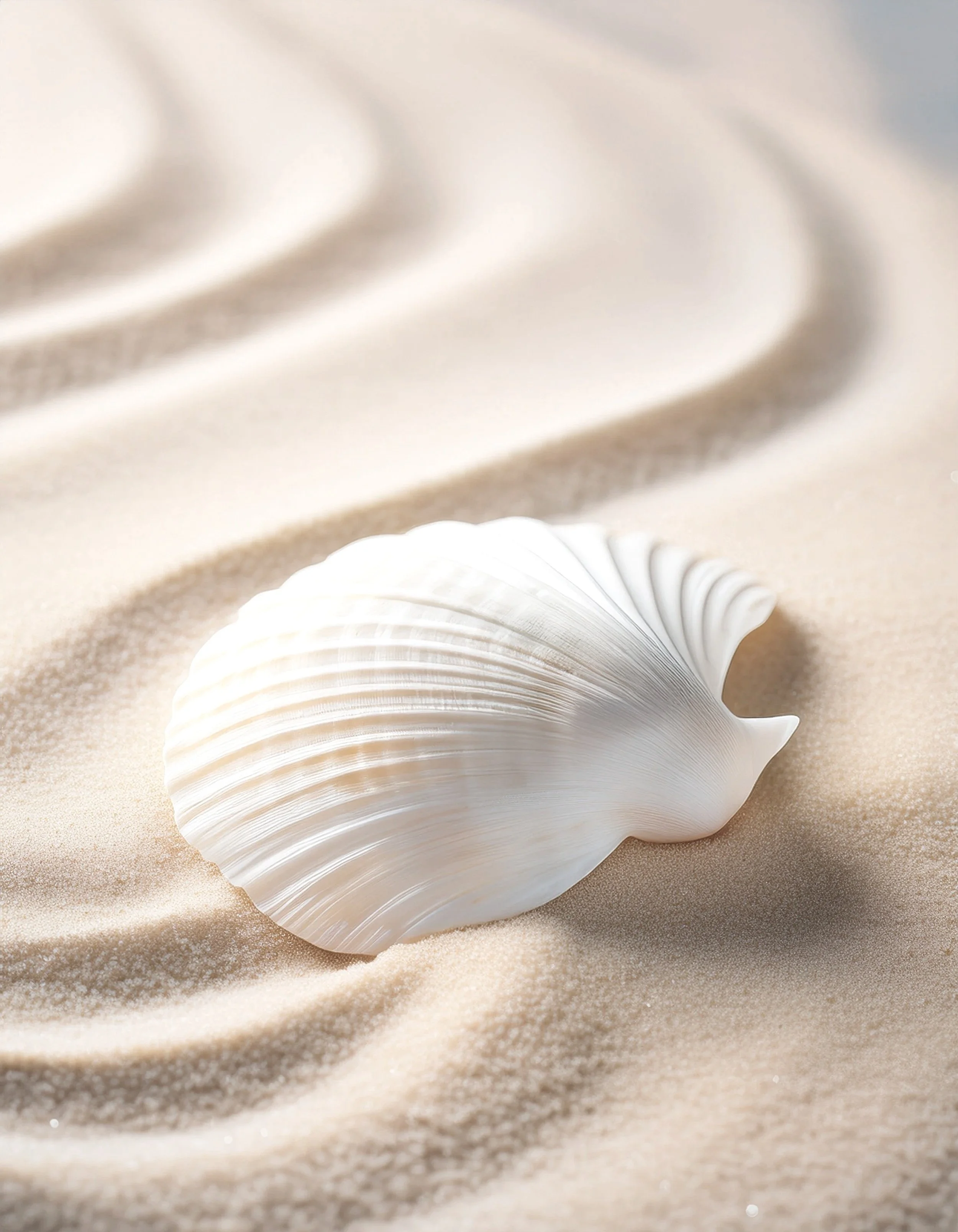 A white seashell resting on fine, light-colored sand.