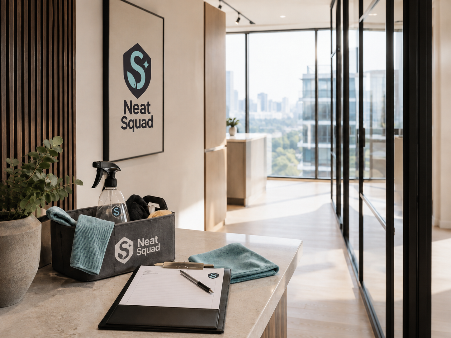 Neat Squad cleaning supplies and checklist in a modern property
