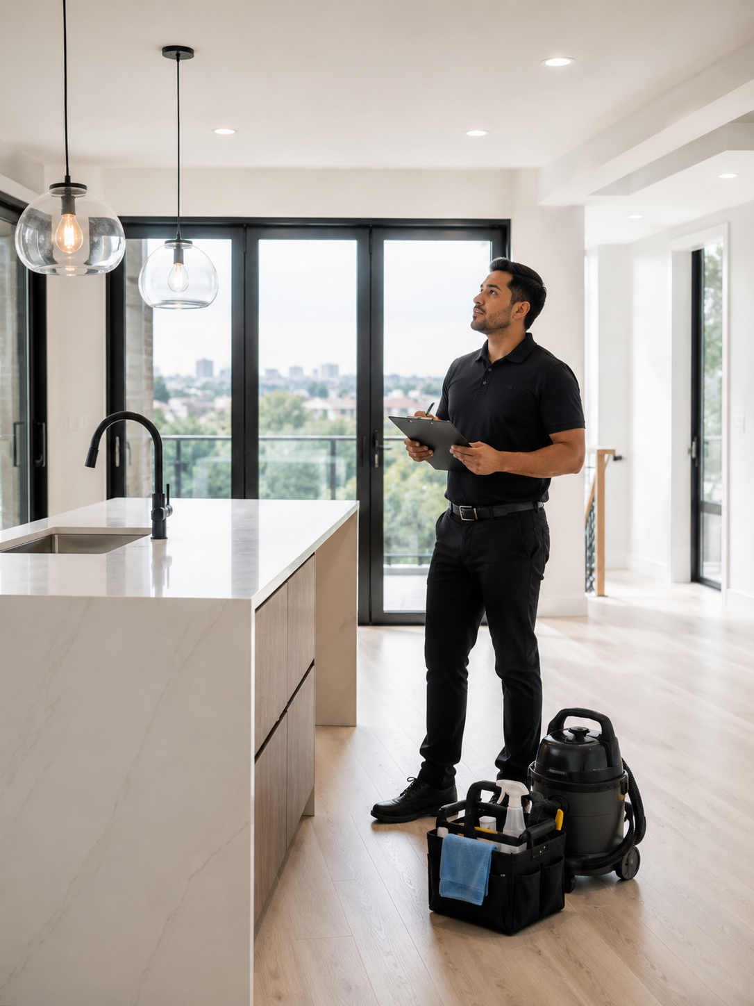 Cleaning walkthrough with supplies for post-renovation quote