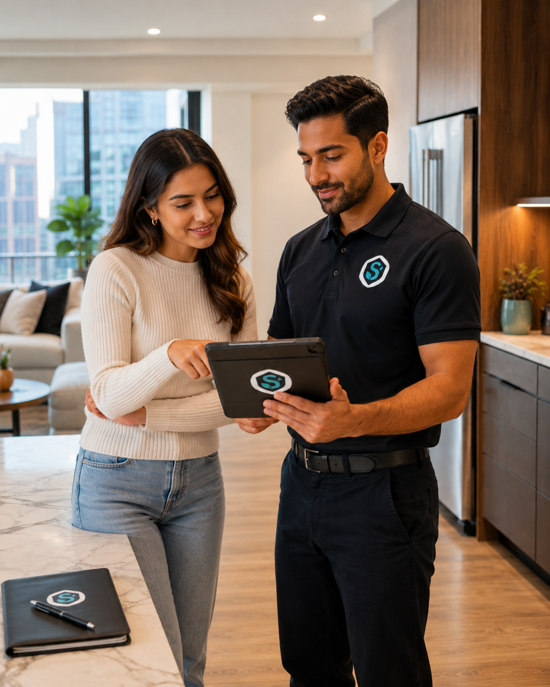 Cleaning quote review with client in a modern condo