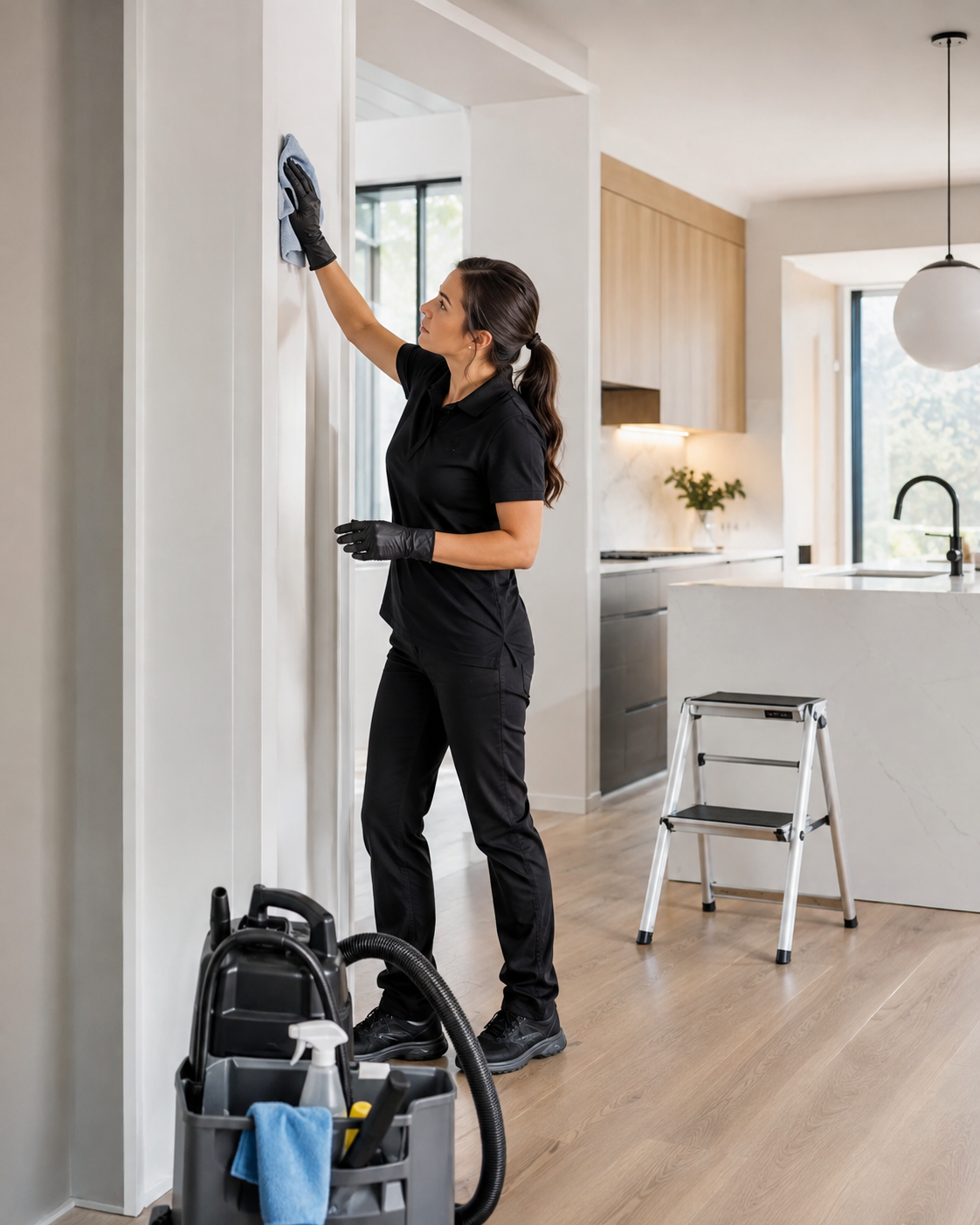 Post-renovation cleaning of walls and surfaces in a modern home