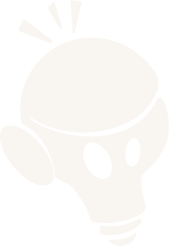 Black and white cartoon drawing of a skull with a light bulb on top and three lines radiating from the bulb.