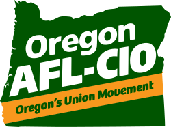 Logo of Oregon AFL-CIO with green background, black text, and orange banner reading 'Oregon's Union Movement'.