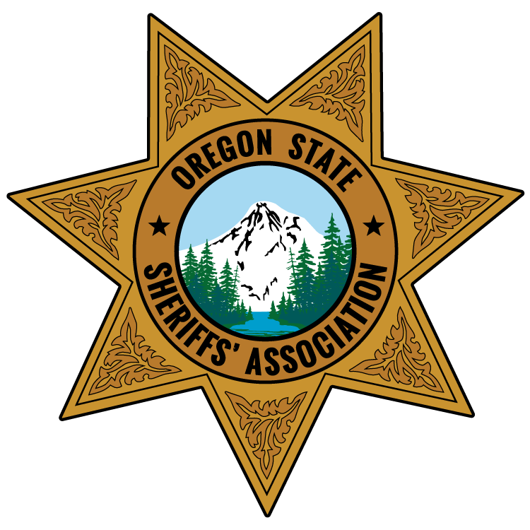 Oregon State Sheriff's Association badge with a star design, featuring a pine tree and mountain landscape inside.