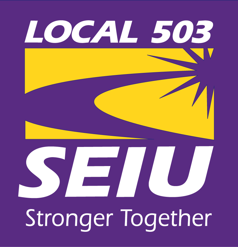 Logo for Local 503 SEIU with the slogan "Stronger Together" featuring purple, yellow, and white colors.