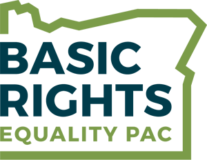 Logo of the Basic Rights Equality PAC with blue and green text and outline