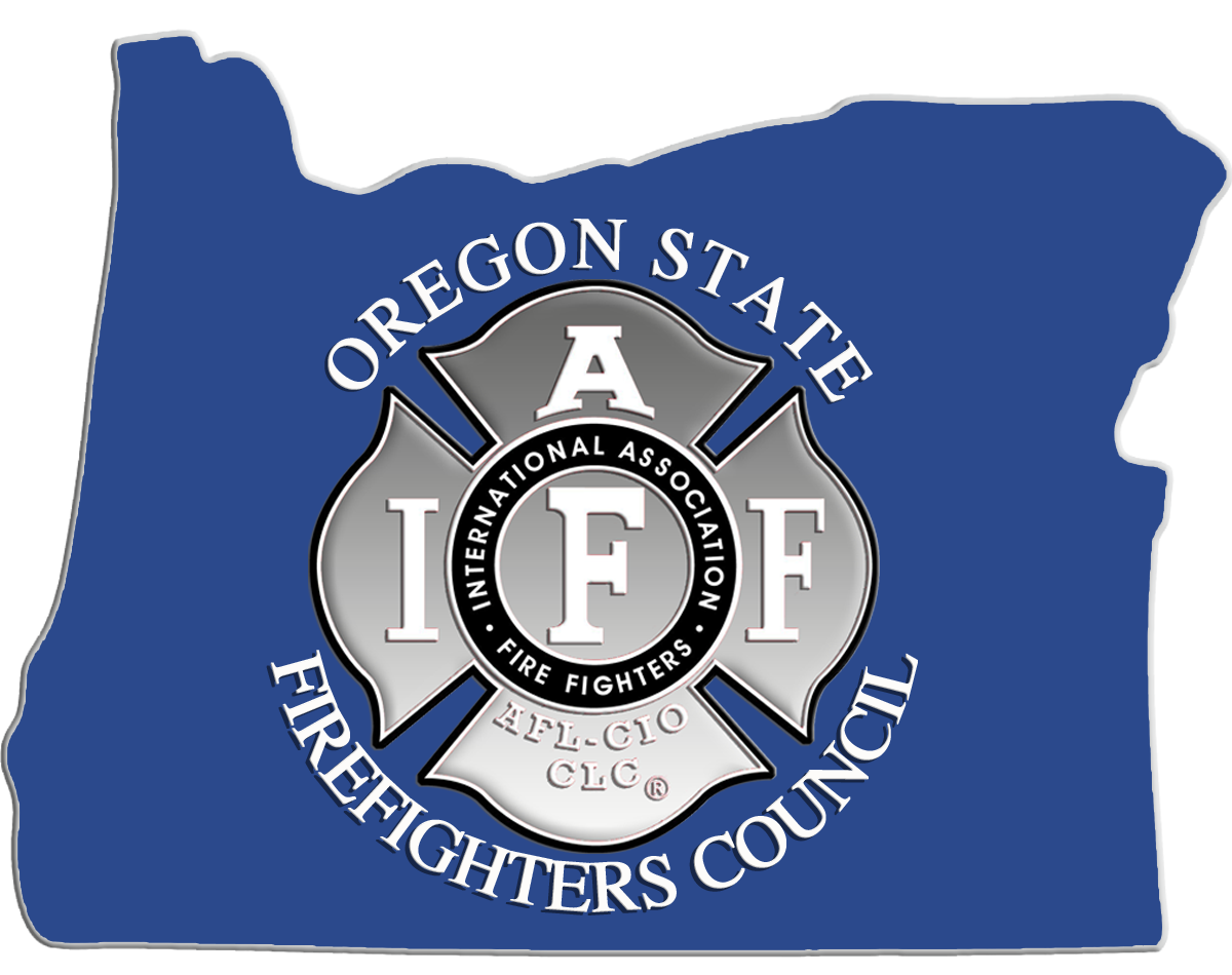 The state of Oregon with a badge for the Oregon State Firefighters Council in the center.