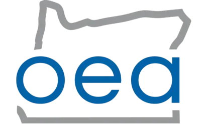 Logo with the text 'OEA' in blue, inside a stylized outline of the state of Oklahoma.