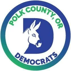Polk County Democratic Party logo featuring a donkey head inside a blue circle with green and blue text.