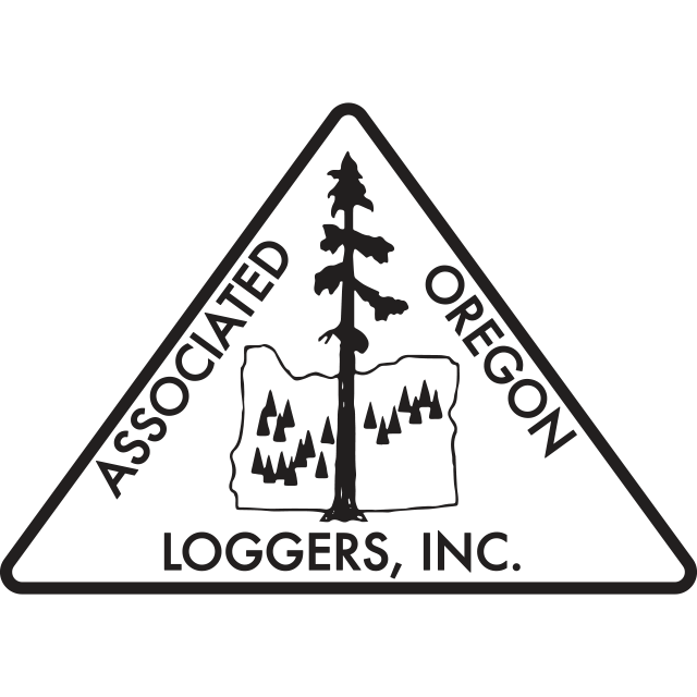 Triangular logo with a tree, mountain, and forest scene, text reads 'Associated Oregon Loggers, Inc.'