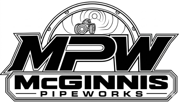 Logo for MPW McGinnis Pipeworks, featuring bold black text and an illustration of a pipe and plumbing tools.