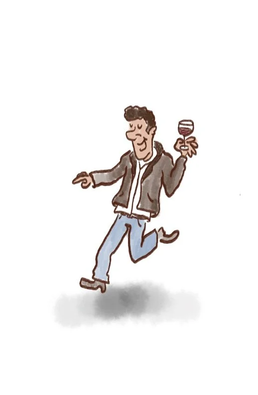 Cartoon illustrated man happily running while holding a glass of red wine.