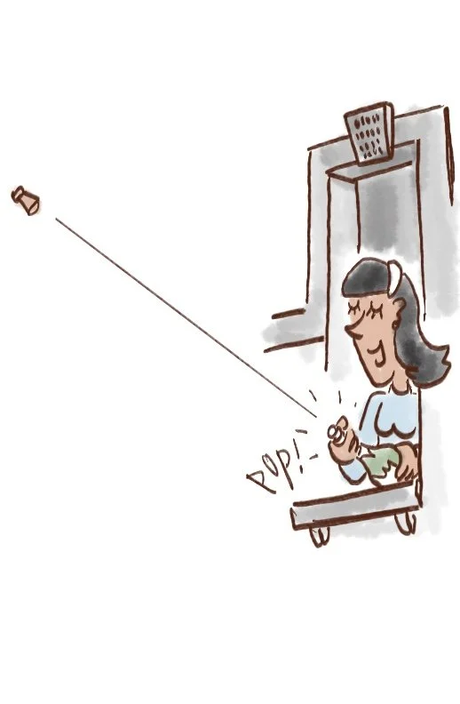 An illustrated cartoon of a woman opening a bottle of Champagne while standing at an apartment window.