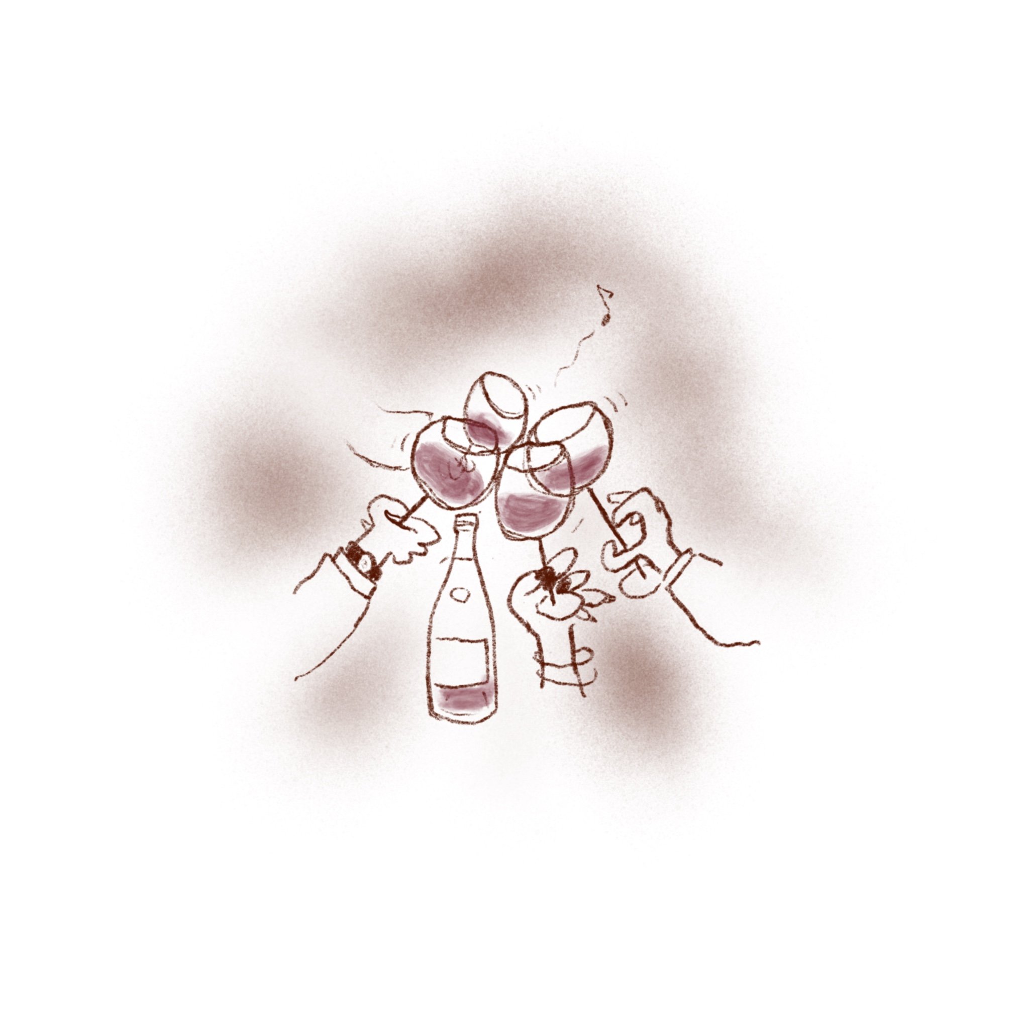 A sketch of a person holding a glass of wine, with floating grapes around them, and a faint background that suggests a social gathering or celebration.