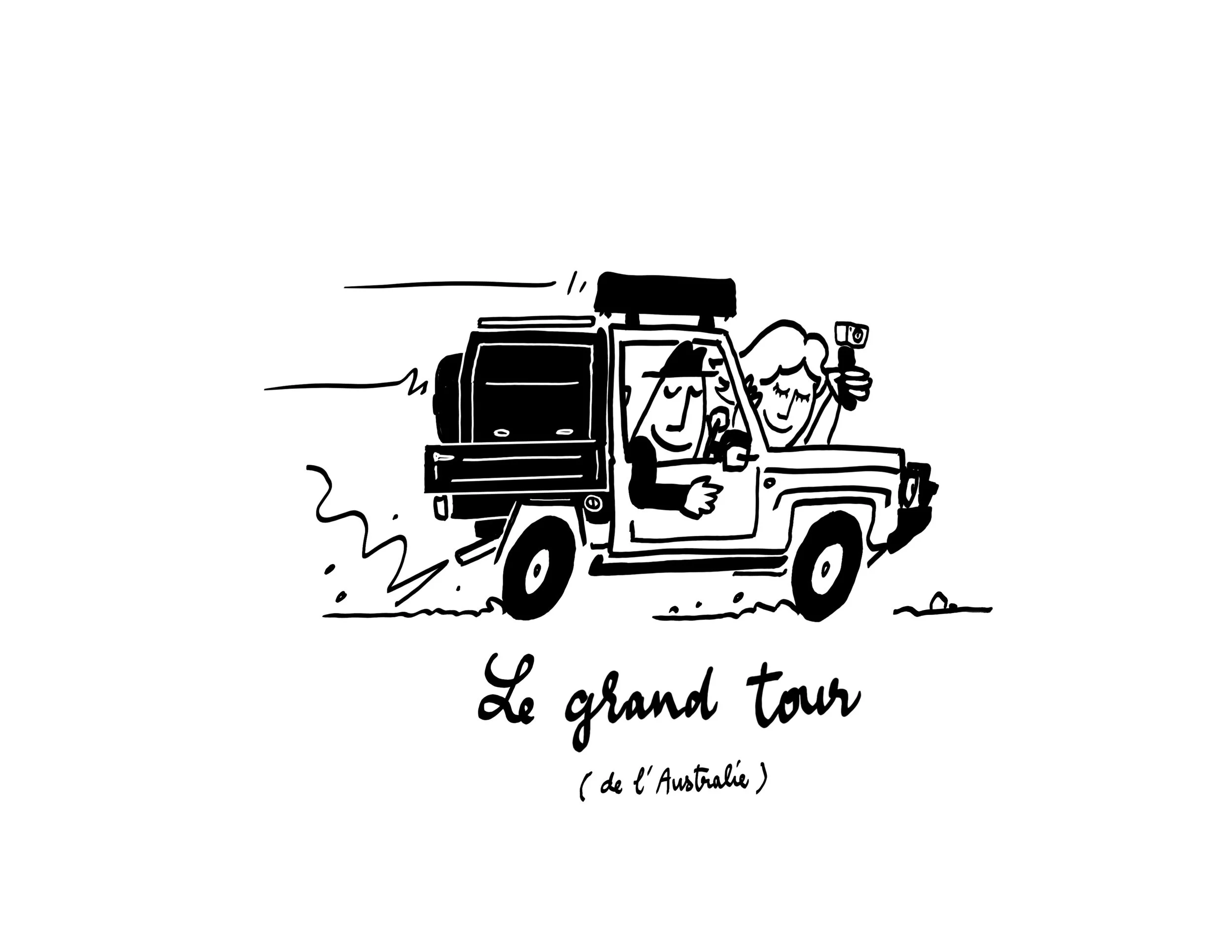 A black and white illustration of a car with a couple. The car is moving, indicated by lines behind it. Text below reads 'Le grand tour' and smaller text in parentheses 'de l'Australie'.