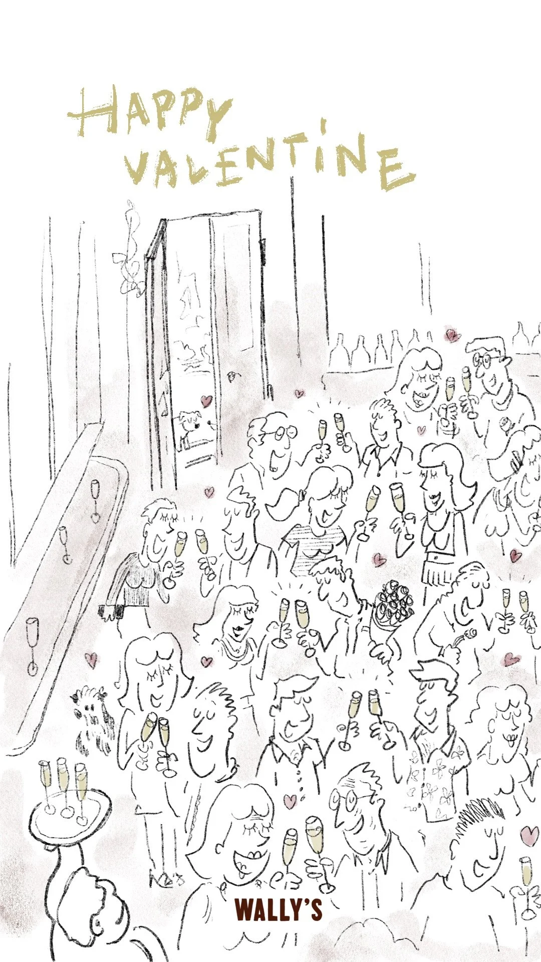 An illustration of a busy celebration at Wally's restaurant with people socializing, holding glasses of champagne, and some small hearts scattered around. "HAPPY VALENTINE" written at the top.