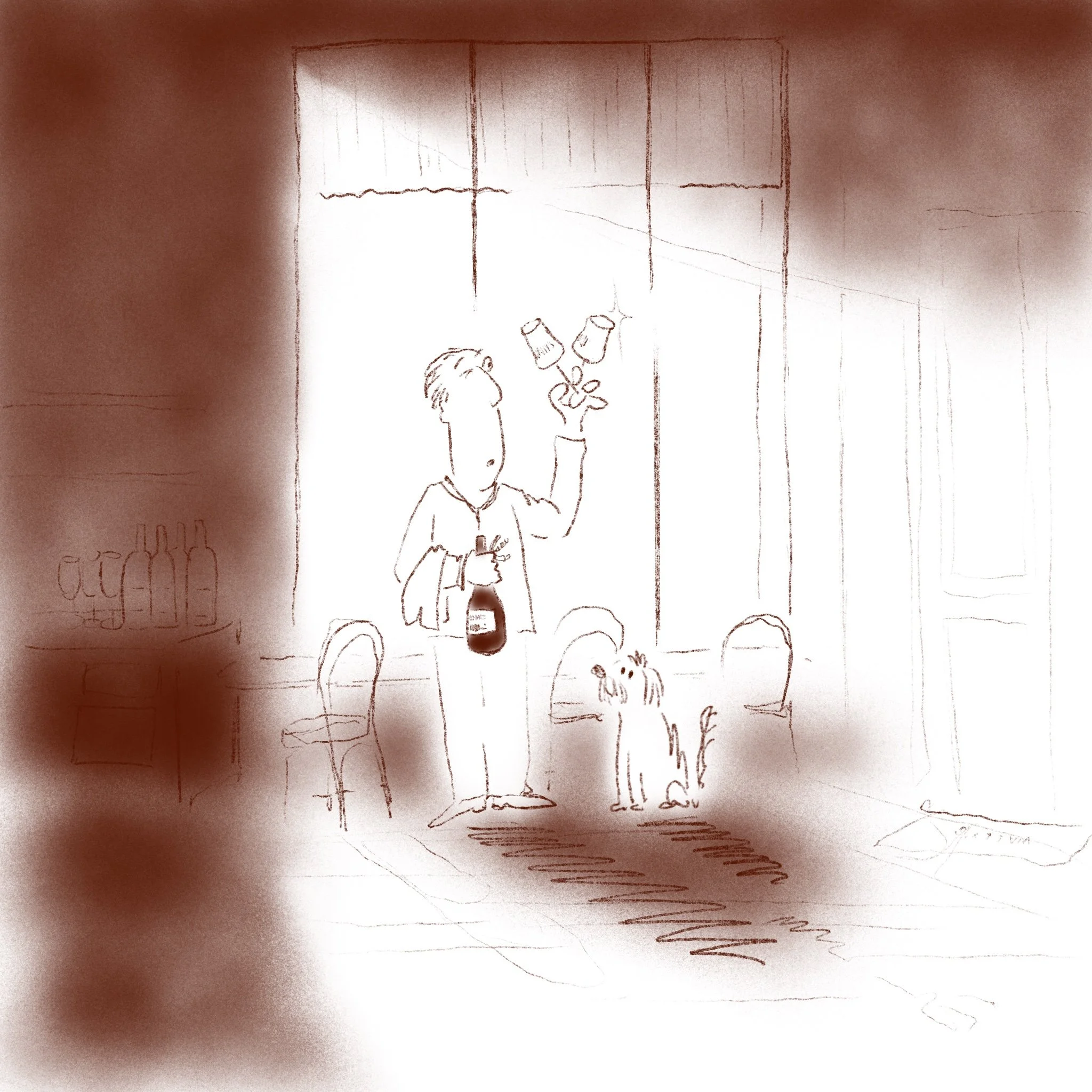 Hand-drawn sketch of a man holding a wine glass, standing in front of a window with bottles on a table in the background.