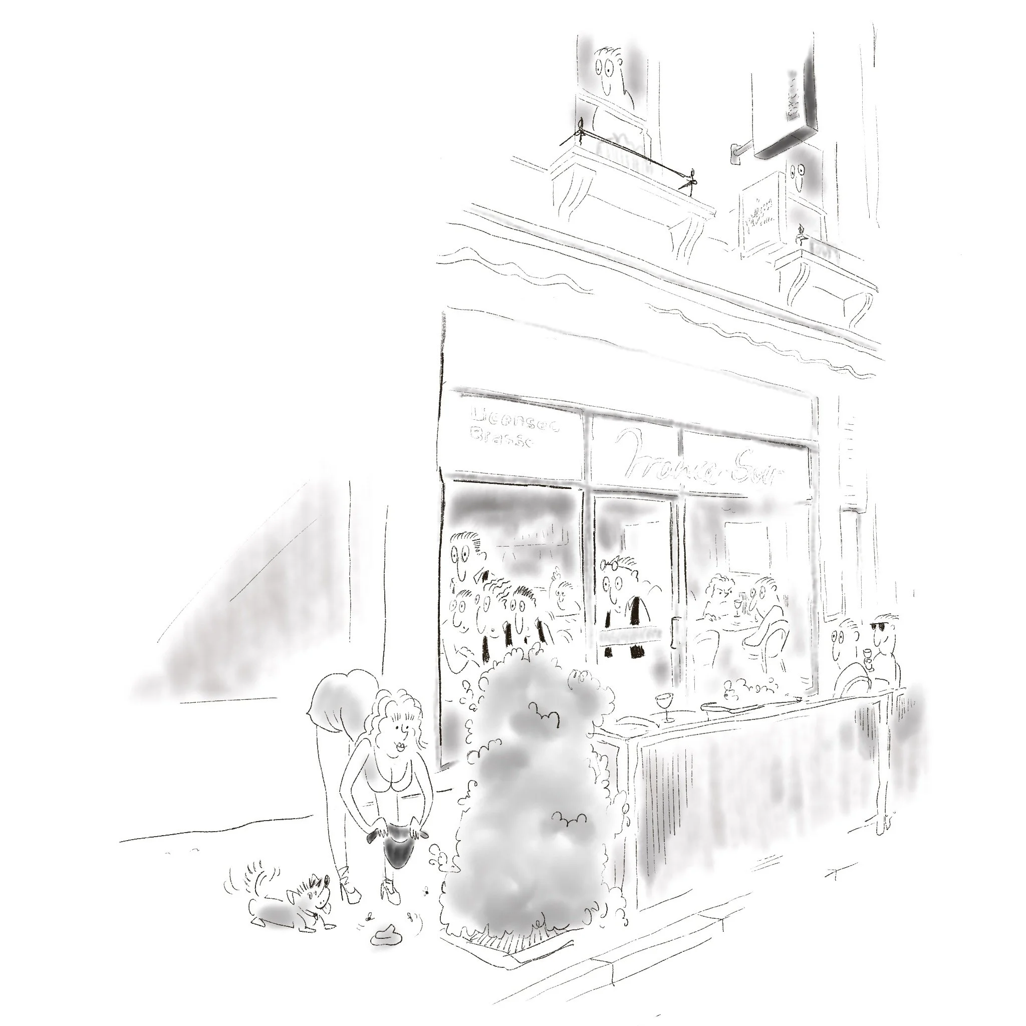 Black and White illustration of a woman picking up her dog's poo in front of France-Soir while the people in the restaurant are looking at her butt. 