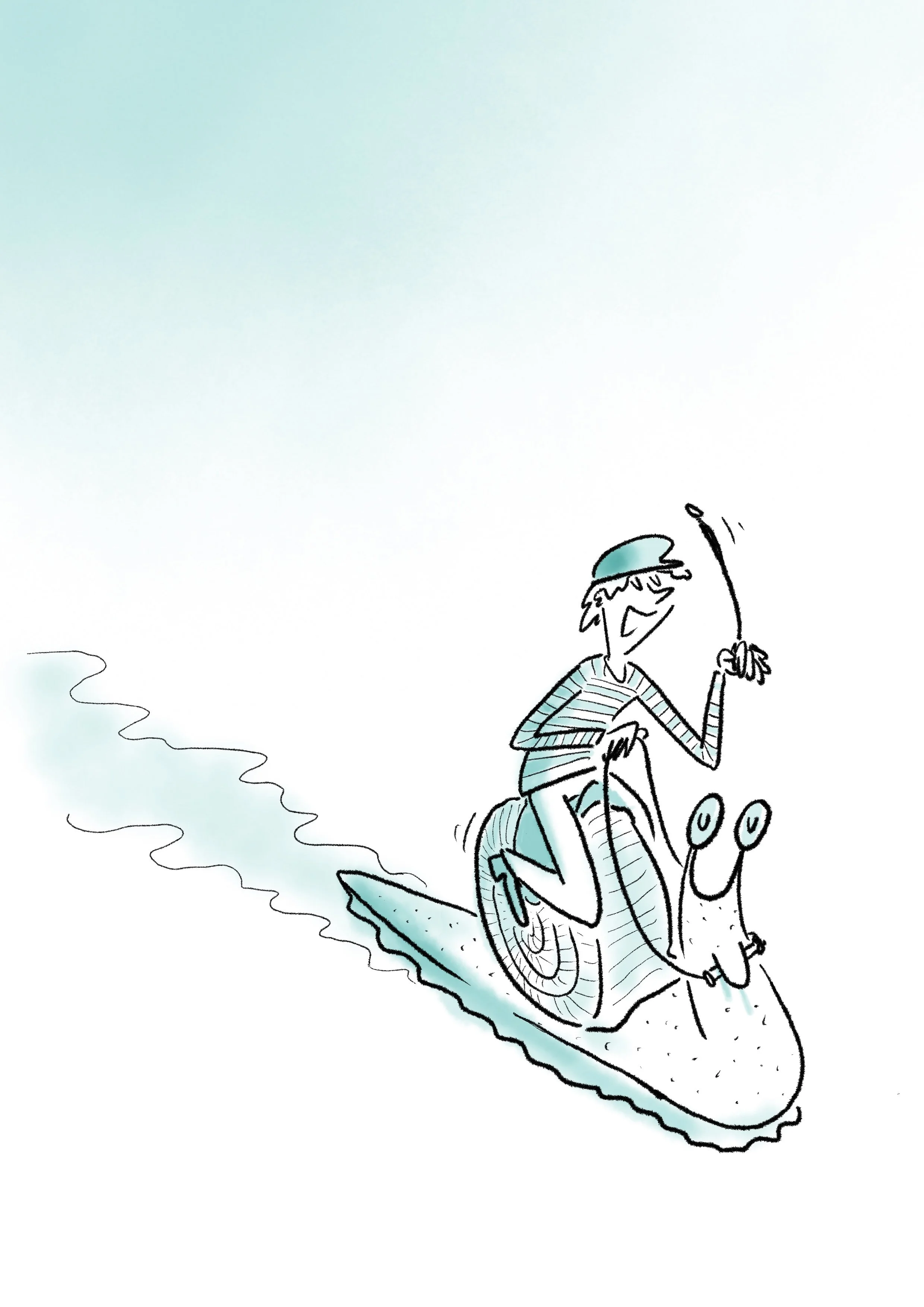 A jockey on a snail racing.