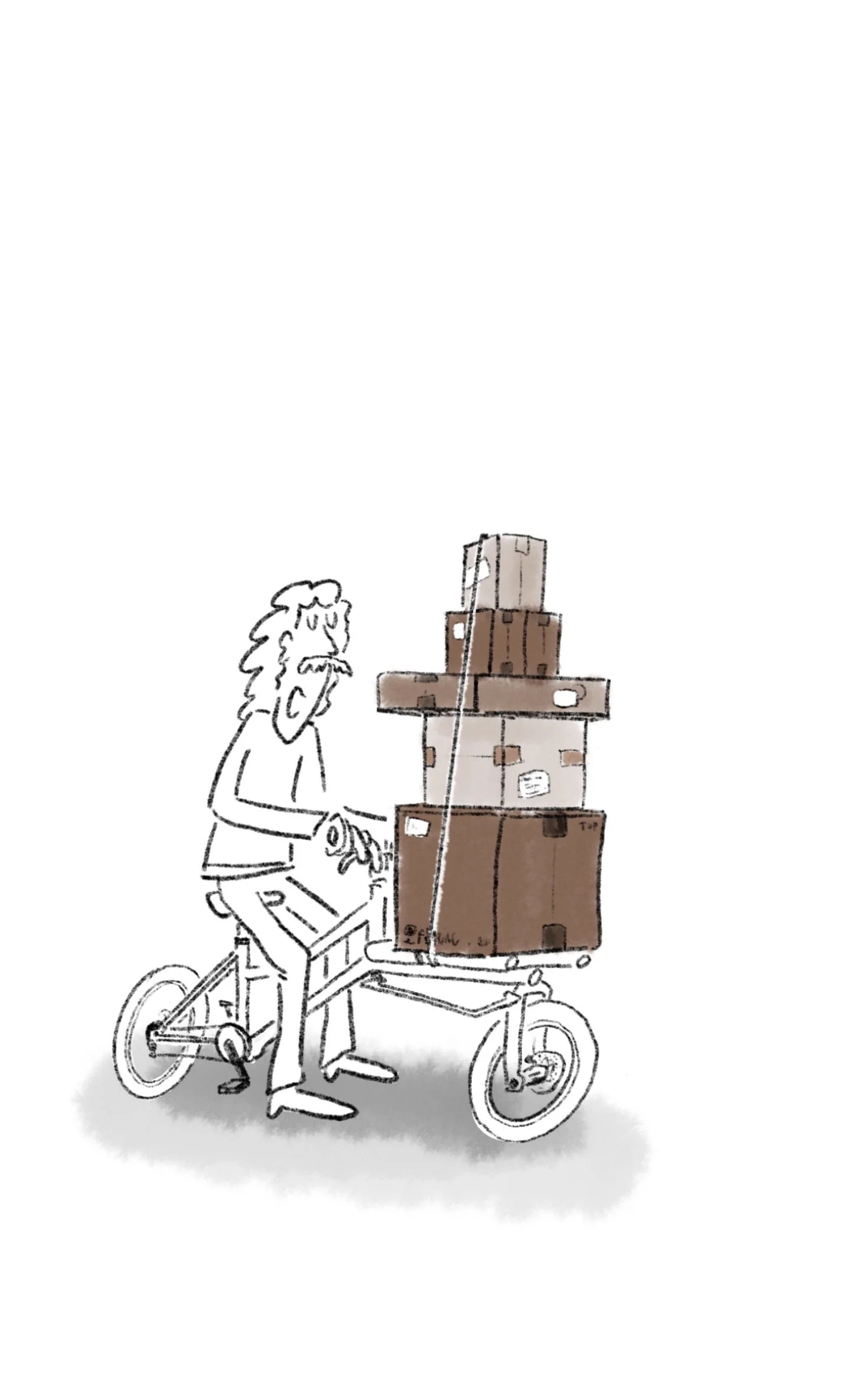 A person riding a bicycle with a large cargo rack filled with boxes and packages, some stacked, on a white background.