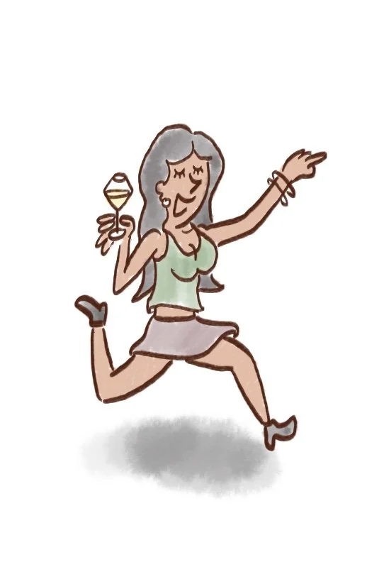 A cartoon illustration of a woman with gray hair, wearing a green top and a short gray skirt, holding a glass of wine, dancing joyfully with one leg bent and her arms raised.