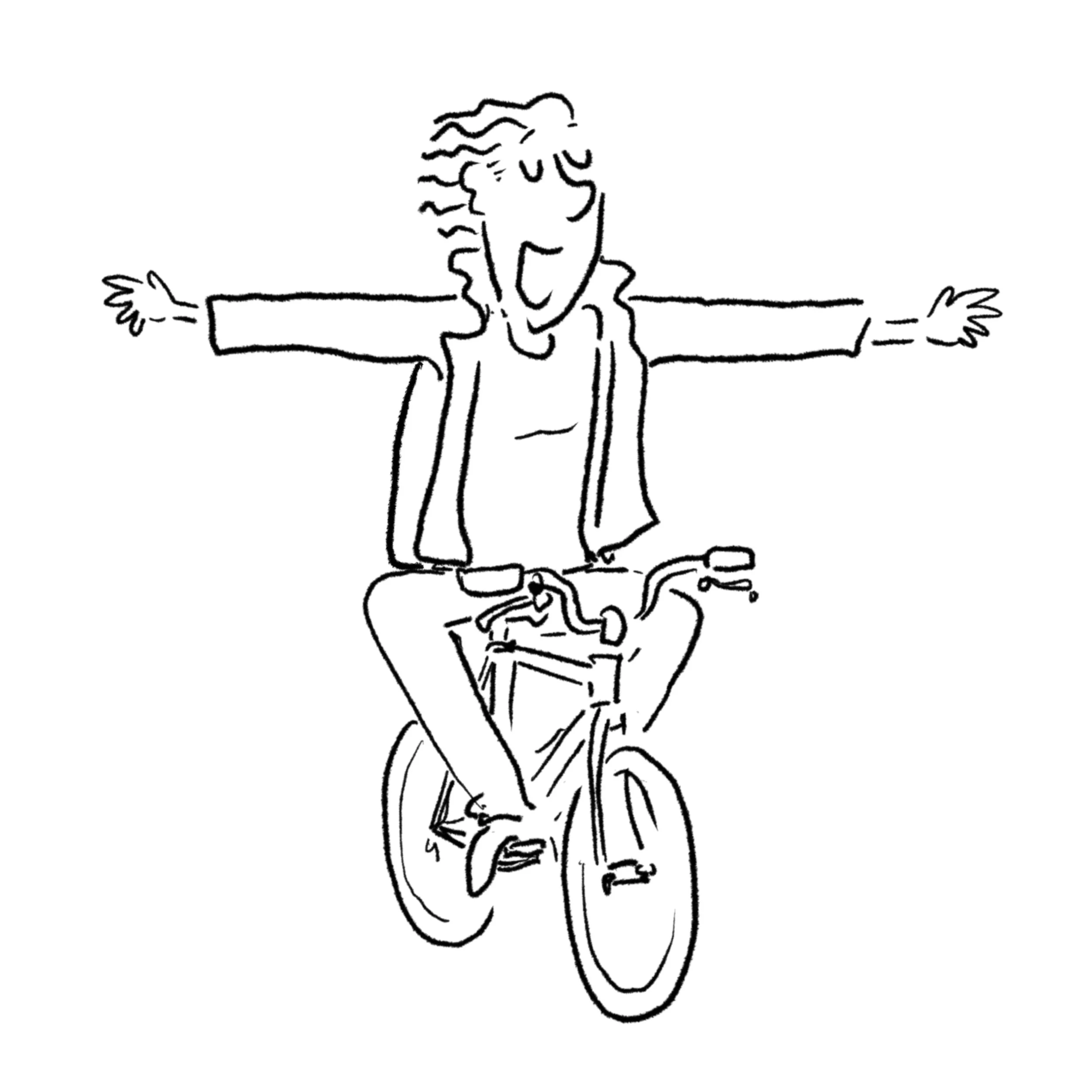 A simple black and white line drawing of a character with messy hair, smiling, and arms outstretched, standing on a box or platform.