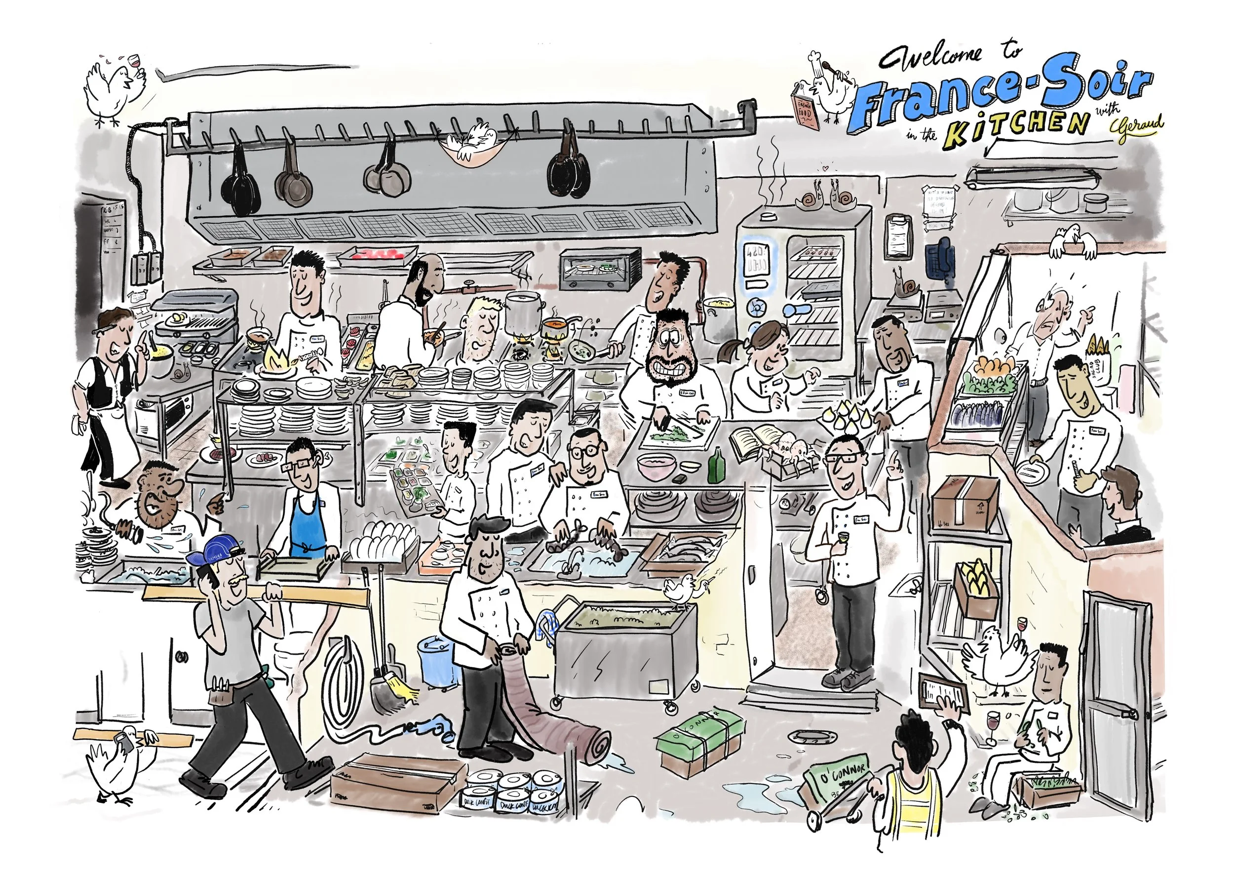 Water-colour illustration of France-Soir restaurant's kitchen with all the chefs at work