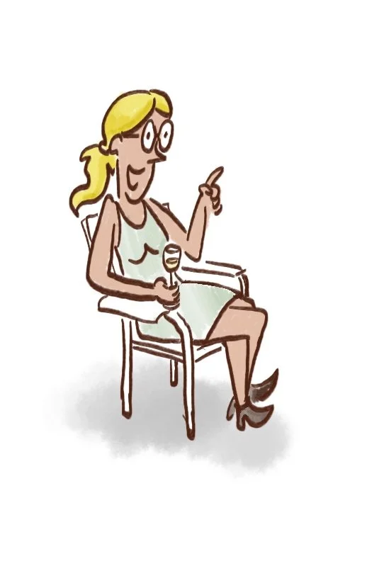 Cartoon illustrated woman sitting in a chair, holding a glass of wine, with a cheerful expression and pointing upward.