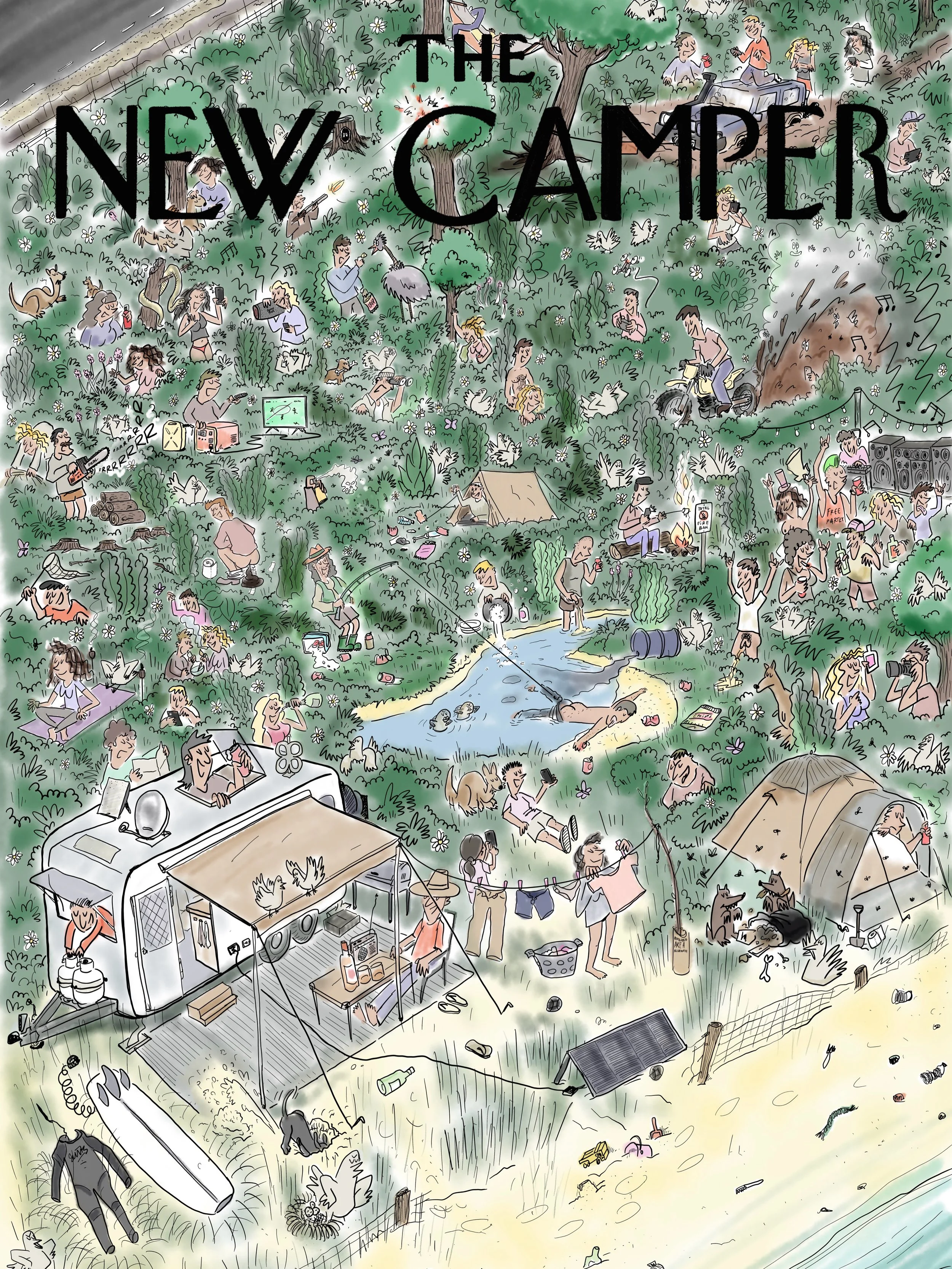 A detailed illustration of a lively outdoor scene with many people engaging in various activities like camping, fishing, playing instruments, dancing, and socializing in a forest clearing near a river. There are tents, a portable generator, and a sound system, with a large sign that reads 'The New Camper.'