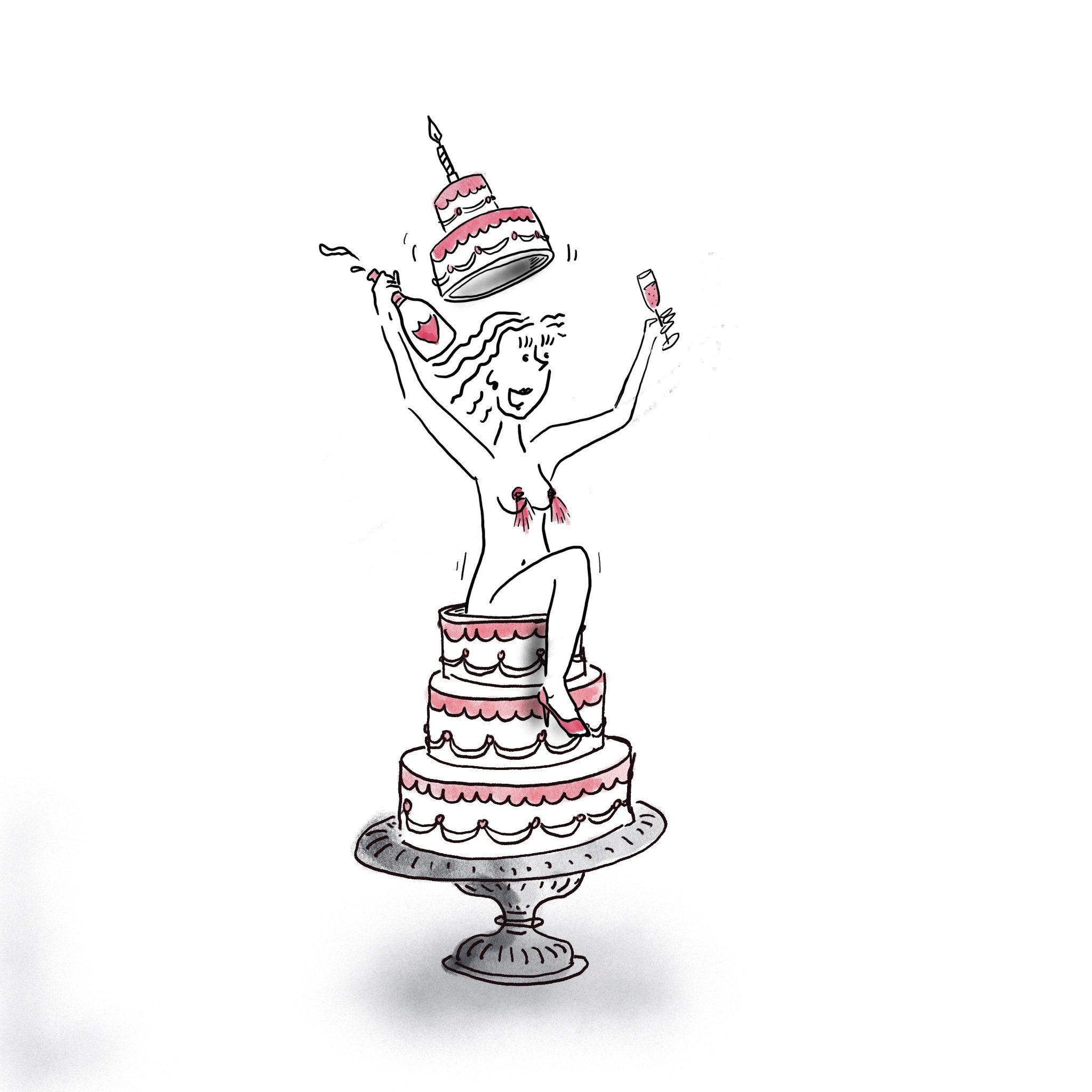 A hand-drawn illustration of a woman coming out of a huge cake with a bottle of champagne in her hand and a glass int the other.