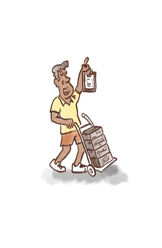 Cartoon illustration of a man walking while pushing a grocery cart filled with boxes, holding a clipboard or list in one hand.