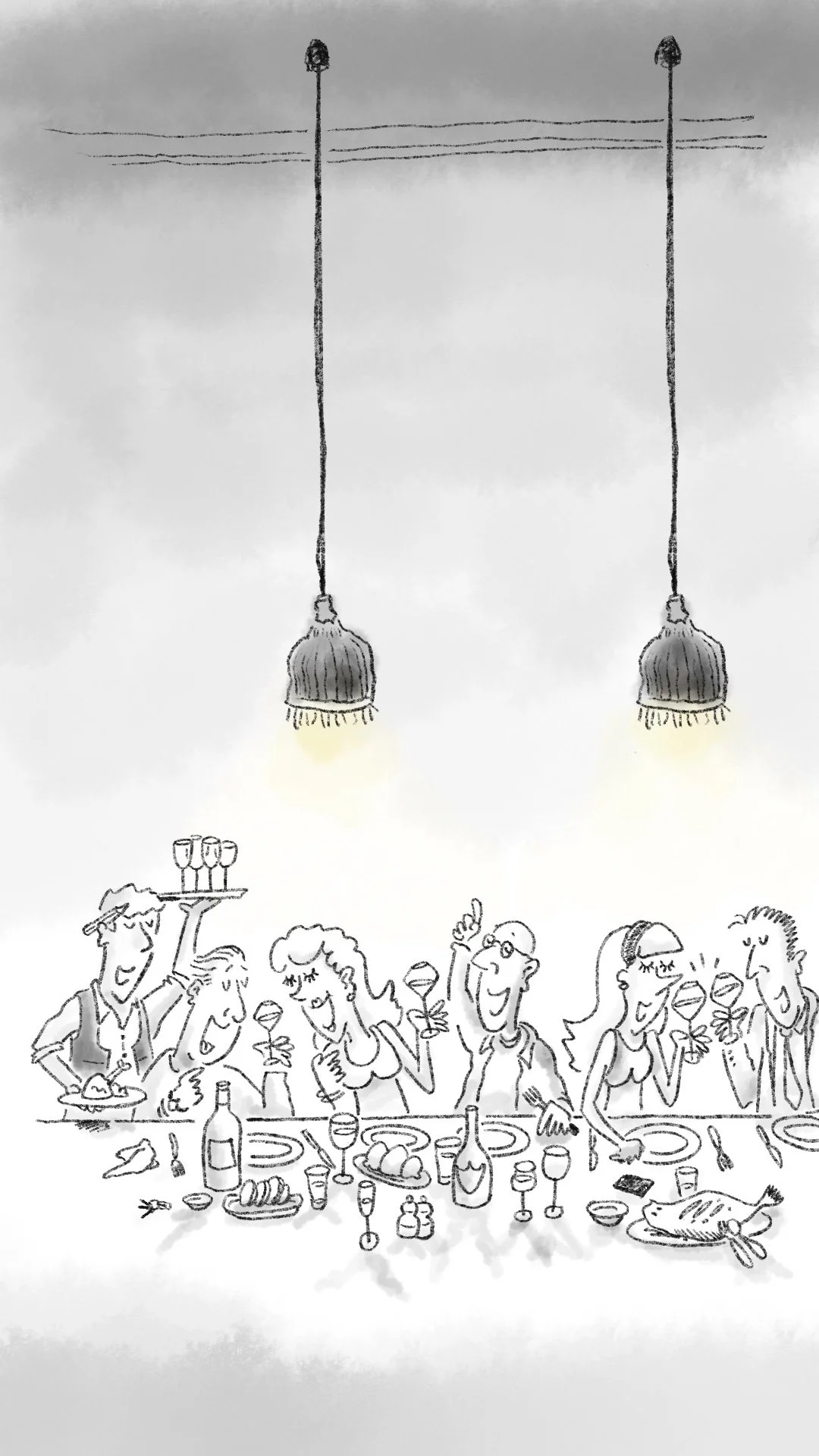 A black and white cartoon drawing of a lively dinner party with multiple guests smiling, holding wine glasses, and engaging in conversation. The scene is set under two hanging pendant lights, and a long table is filled with food, drinks, and tablewar
