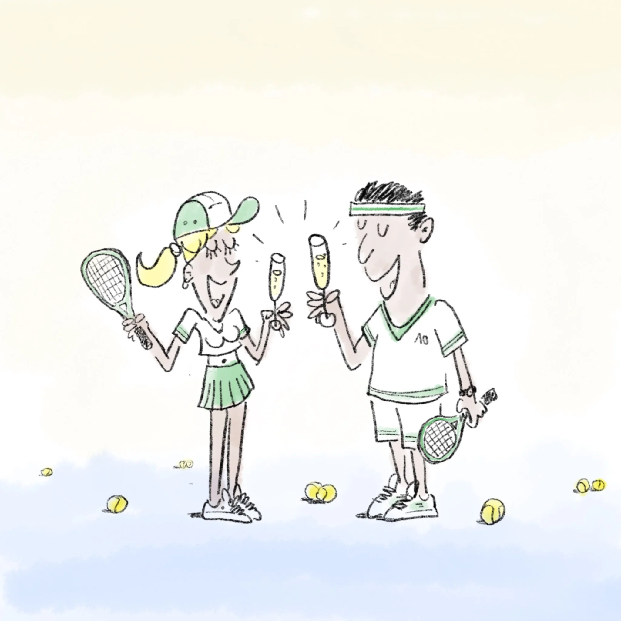 A hand-drawn illustration of a tennis match with two players holding tennis rackets, surrounded by tennis balls on the floor.
