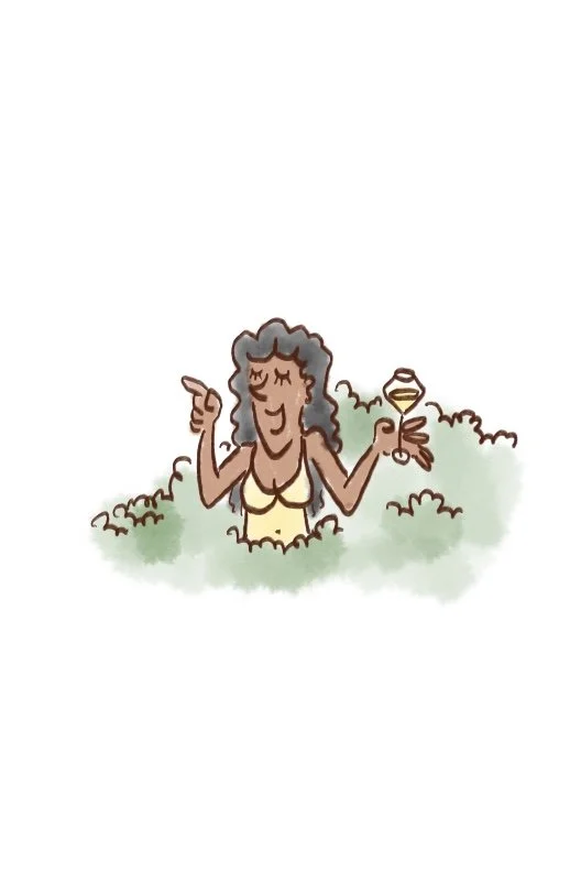 illustration of a woman wearing a yellow dress, holding a glass of wine in one hand, and pointing with the other, surrounded by bushes.