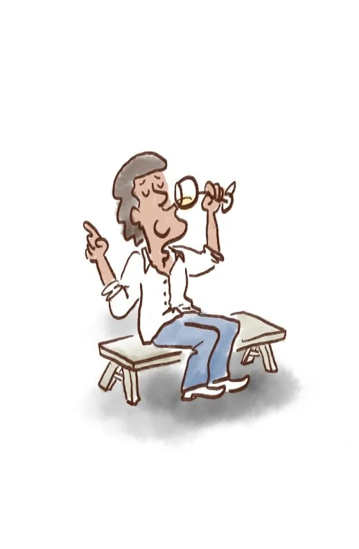 A cartoon illustration of a person sitting on a wooden bench, holding a glass of wine and smiling with eyes closed, raising one finger as if making a point or celebrating.