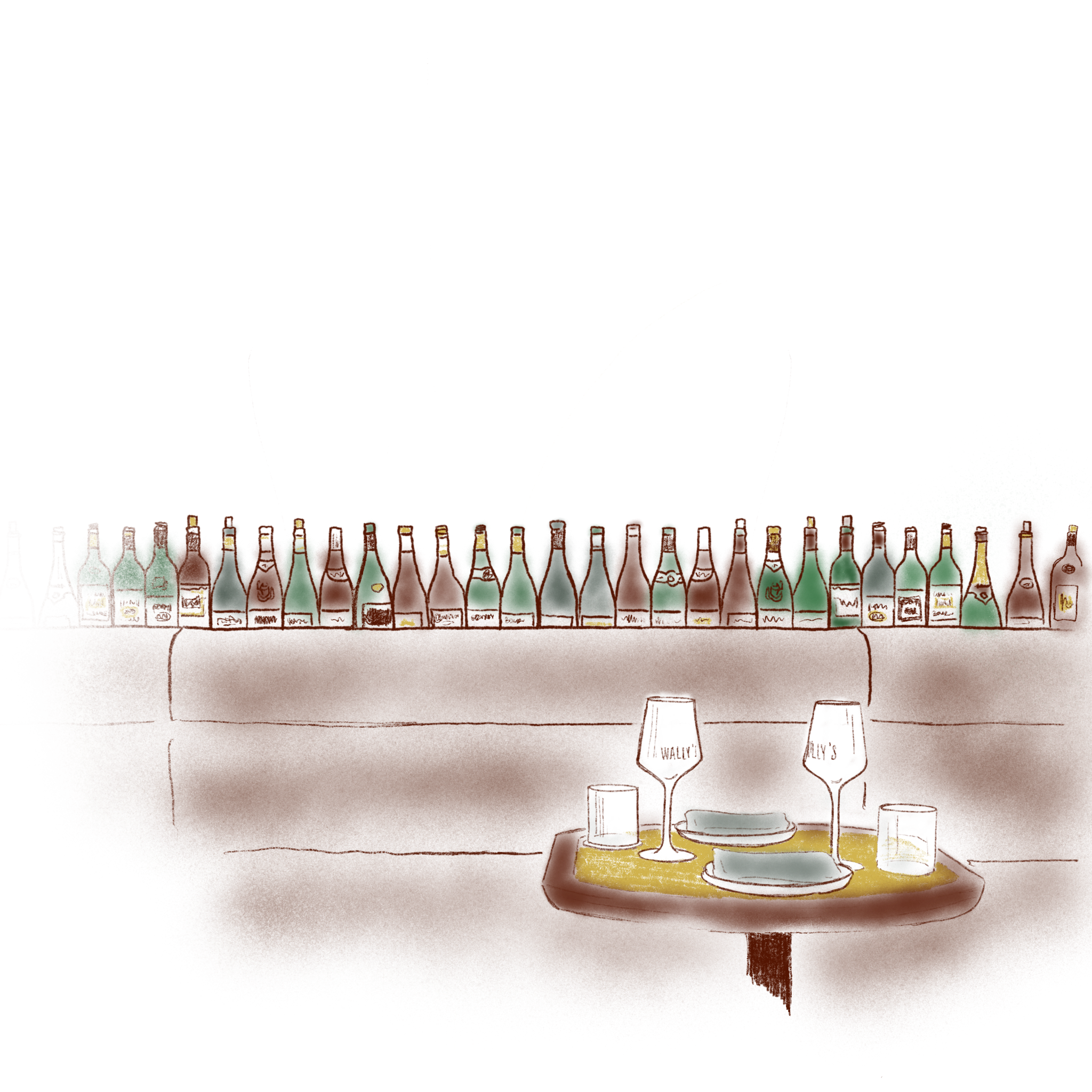 A digital illustration of empty wine bottles behind a couch seating, in front of it a table set with plates, cutleries and wine glasses.