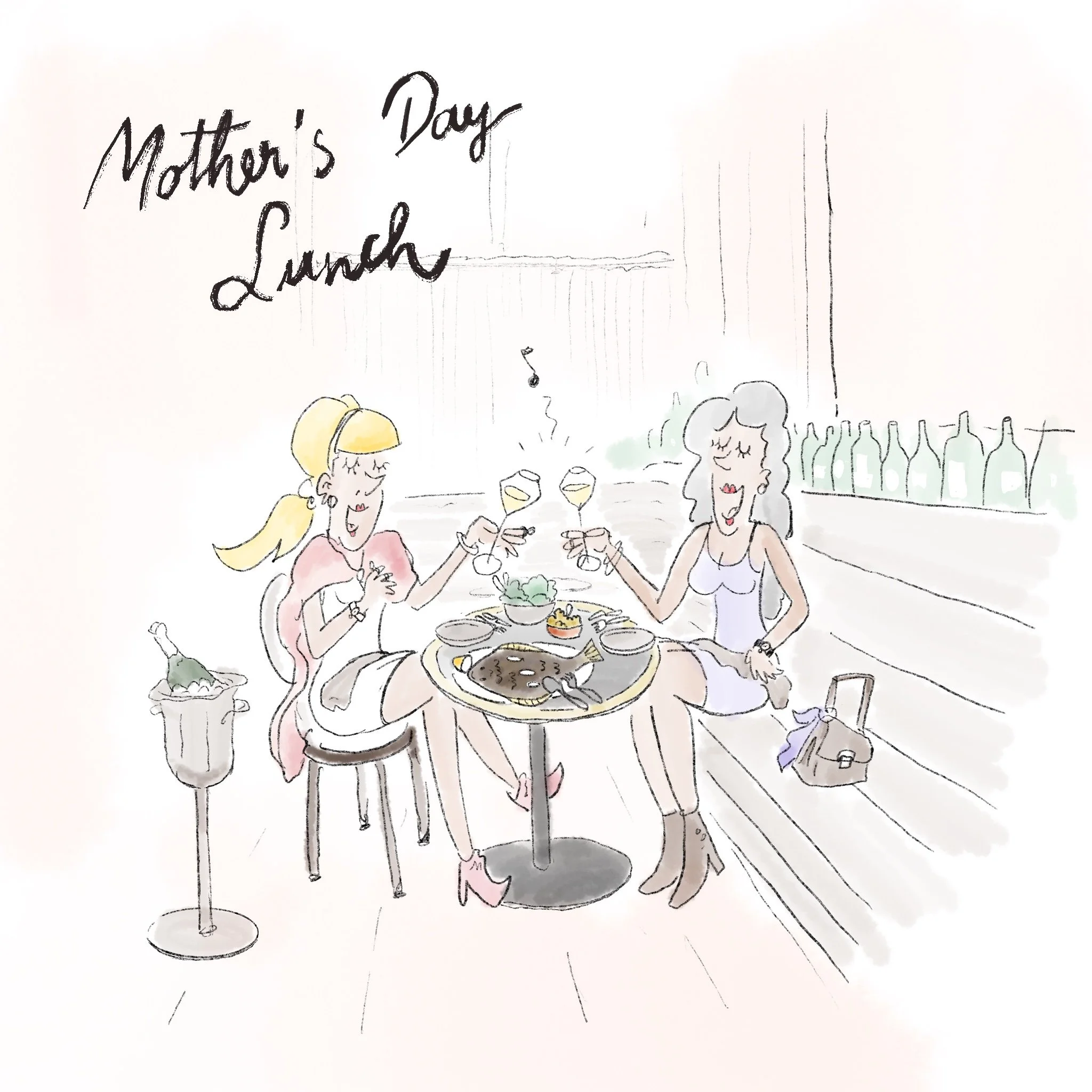 Digital illustration of two women enjoying drinks at a table during a meal, celebrating Mother's Day.