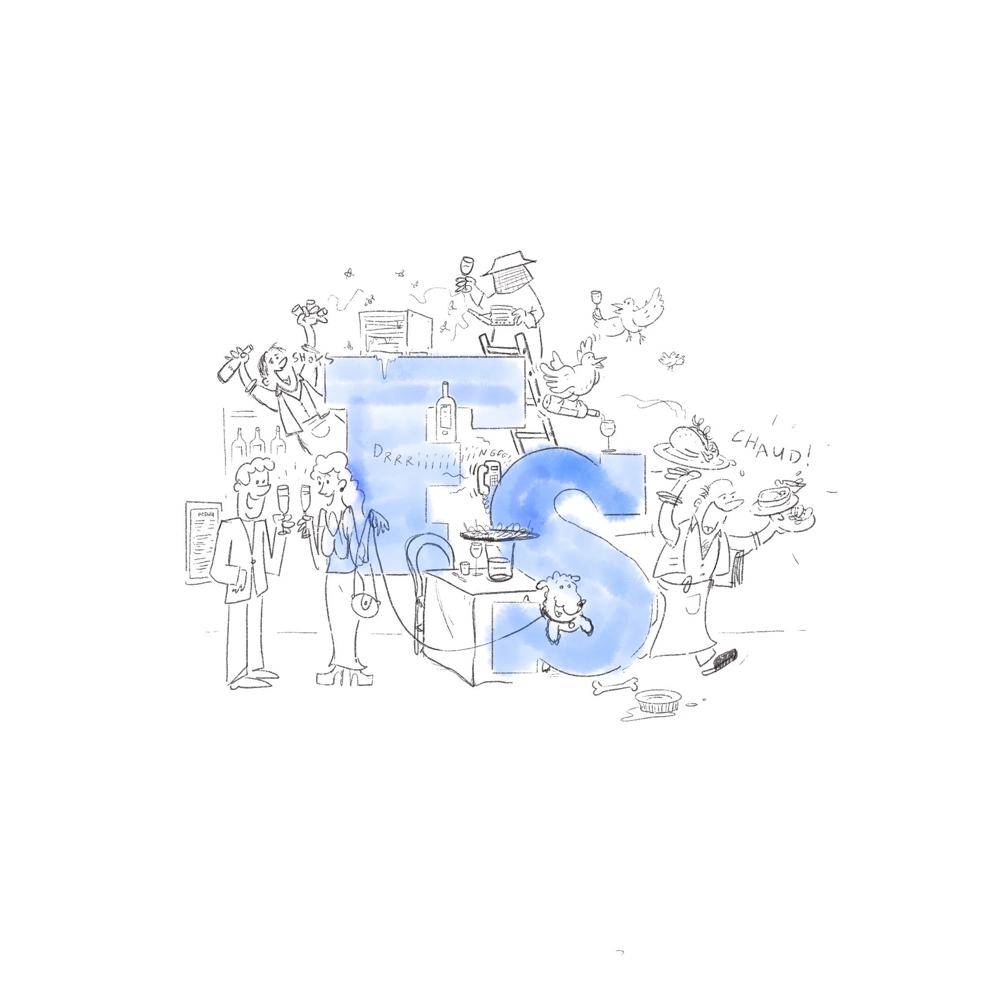 Water-colour illustration with F and S letter from the France-Soir logo in the middle and people around.