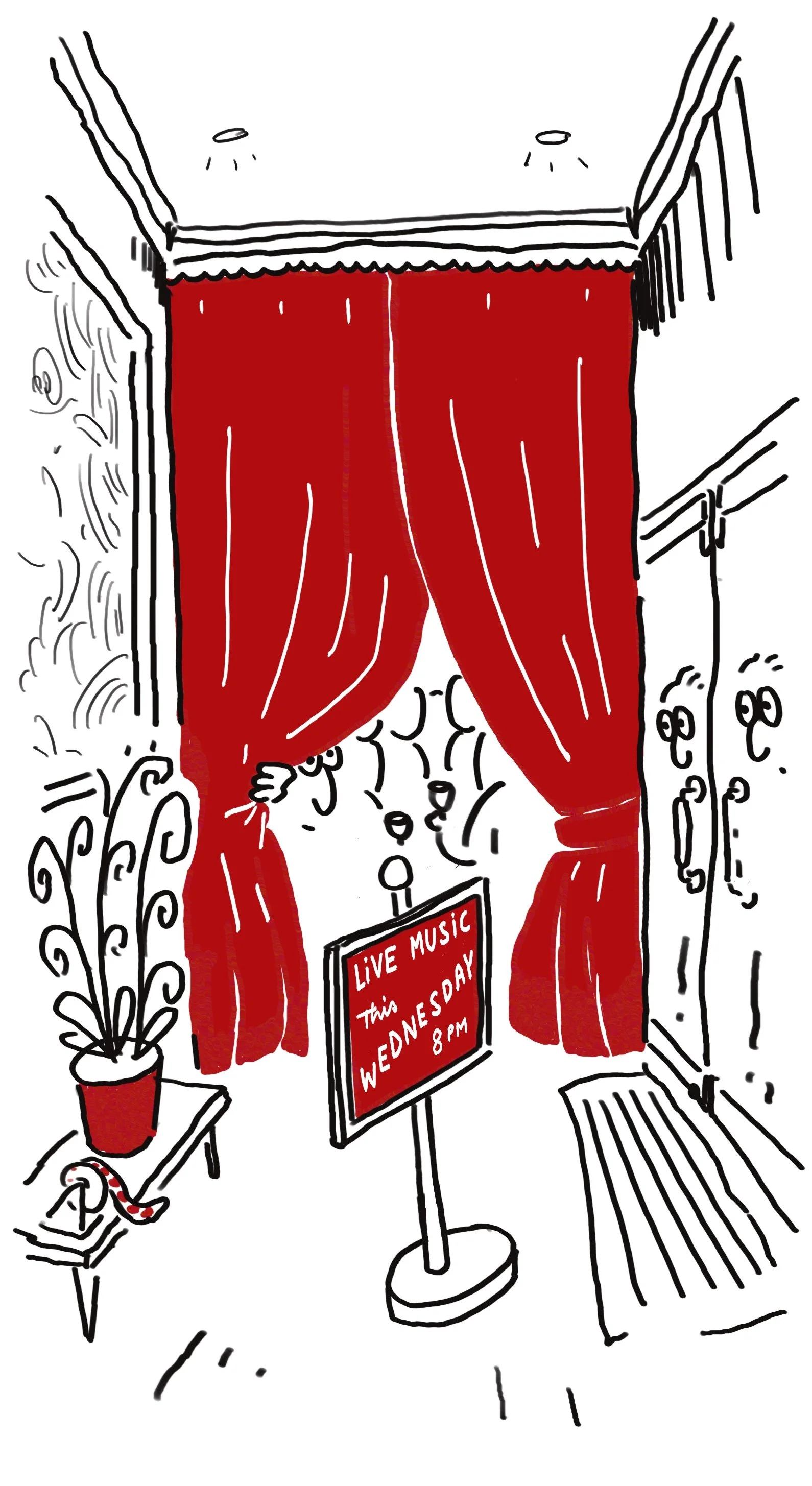 An illustration of "Le Splendide" bar's entrance with the curtain closed and the sign "closed for private function".