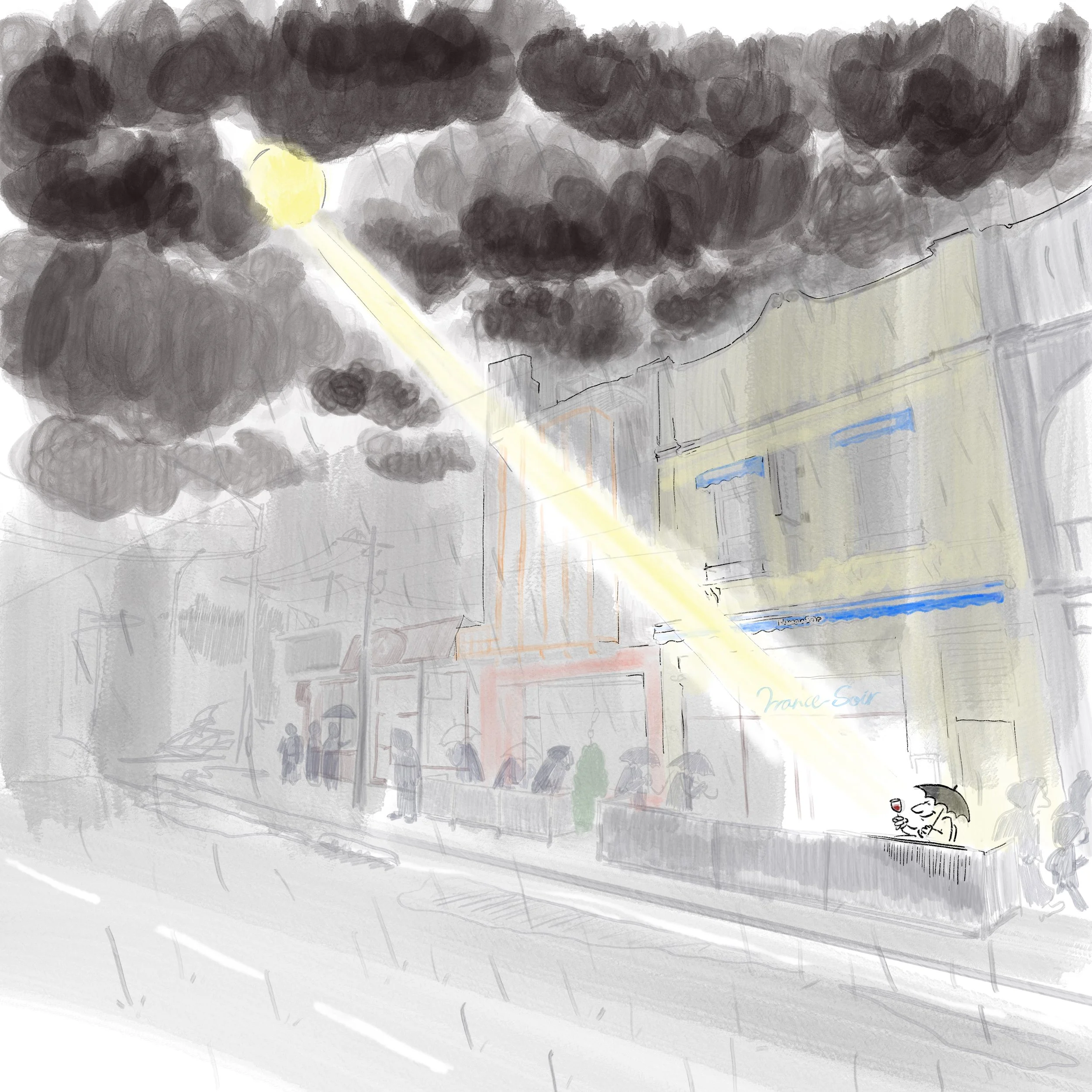 Water-colour illustration of a cloudy sky with dark clouds and the sun shining through them on a person holding a glass of wine seating on France-Soir's terrace with an umbrella. 