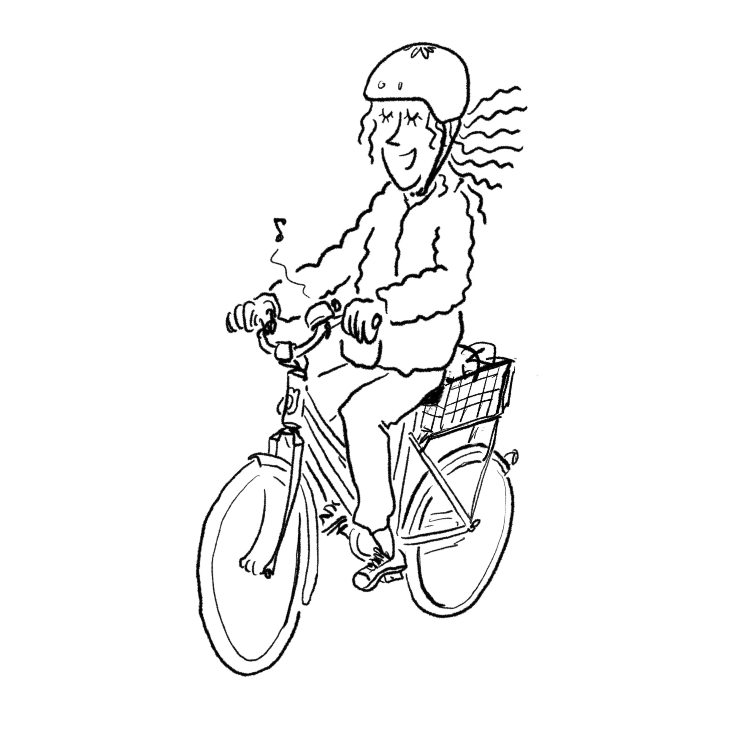 A line drawing of a person sitting on a bench with a small dog in a stroller. The person is smiling with closed eyes and has her hair in a loose, curly style. The dog appears to be looking forward.