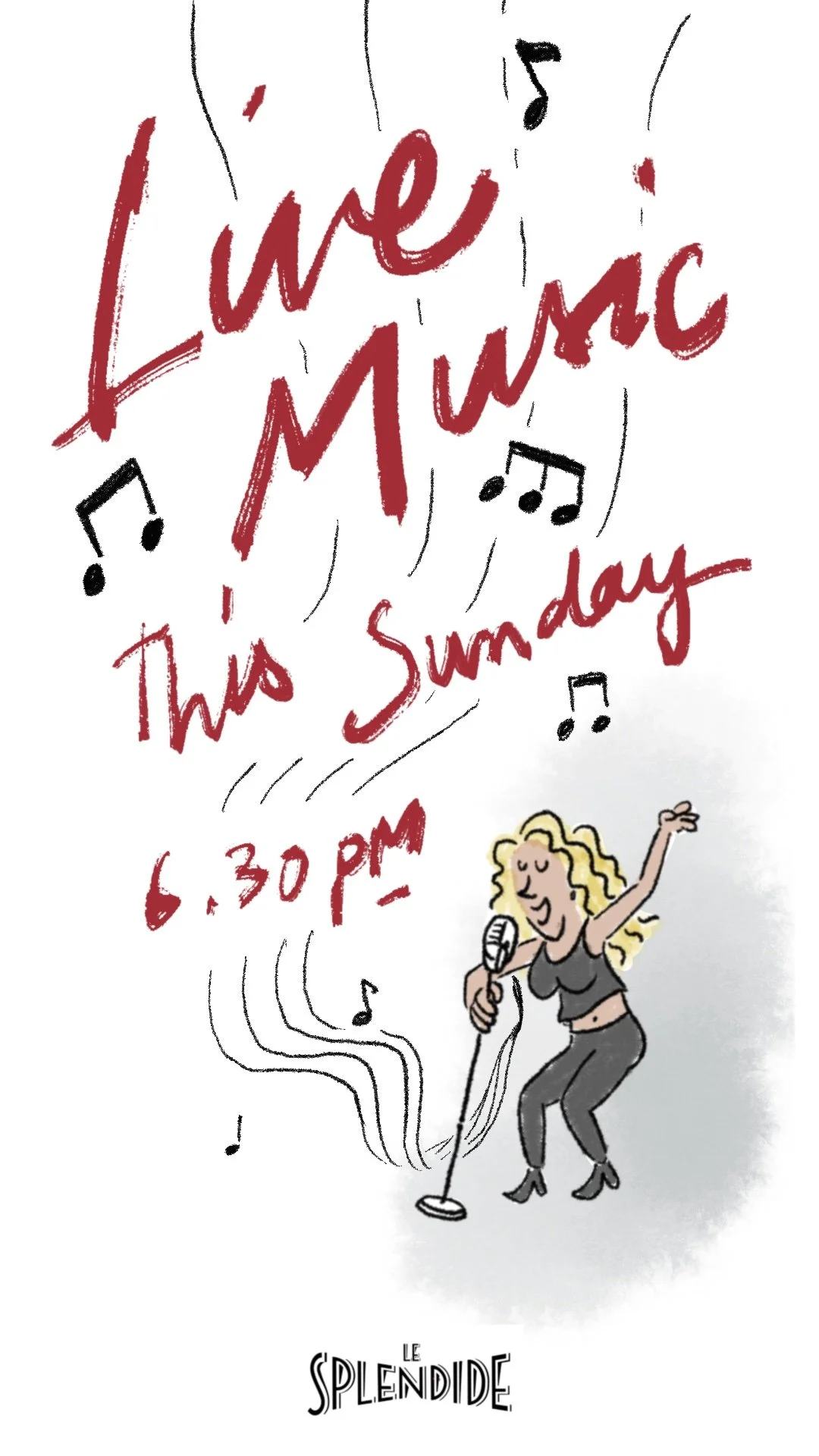 An illustration of a woman singing and a text reading "Live Music, this sunday 6.30pm".