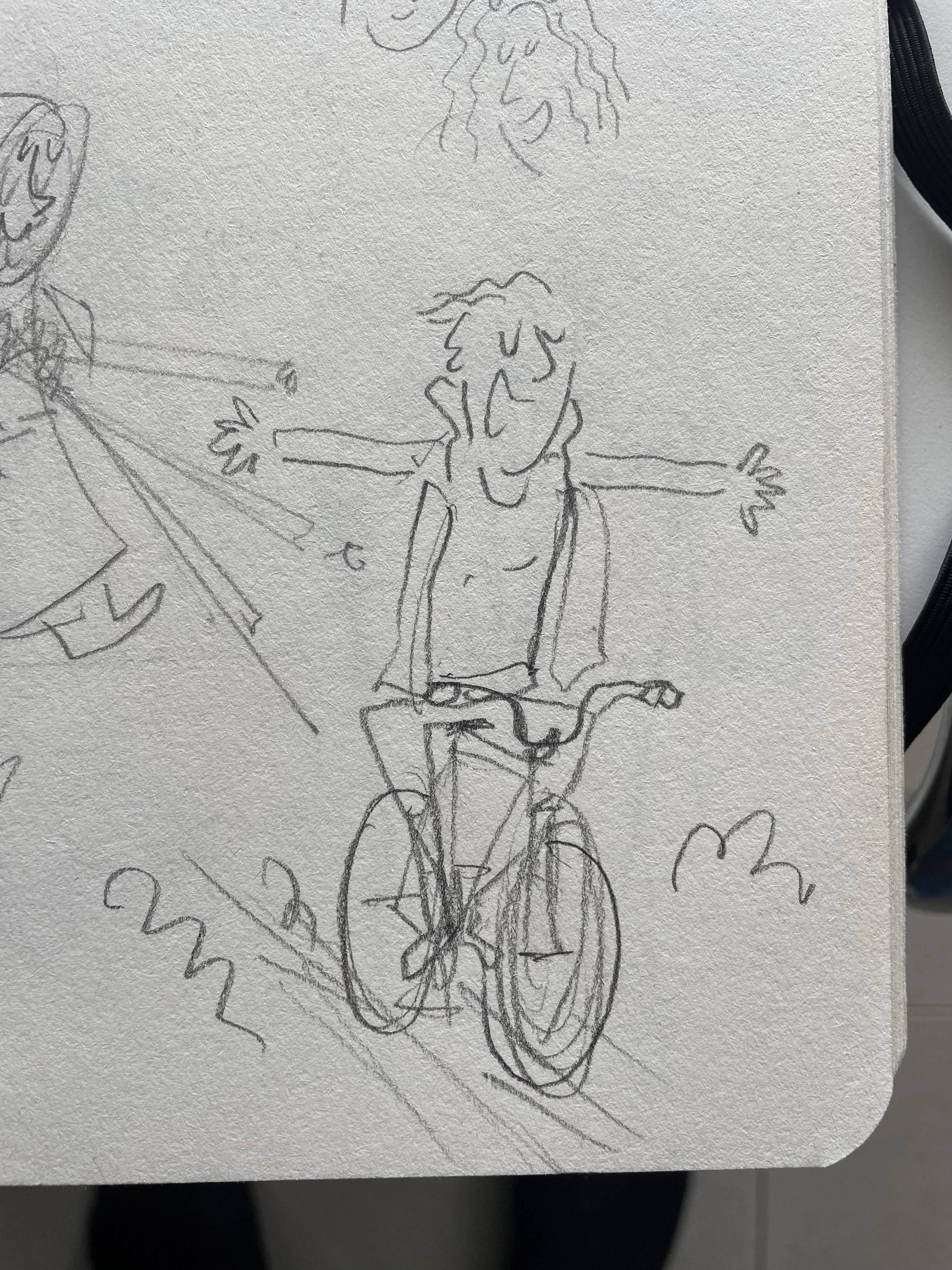 A pencil sketch of a person with wild hair riding a bicycle, with a flower in their hand and some text, on a textured paper surface.