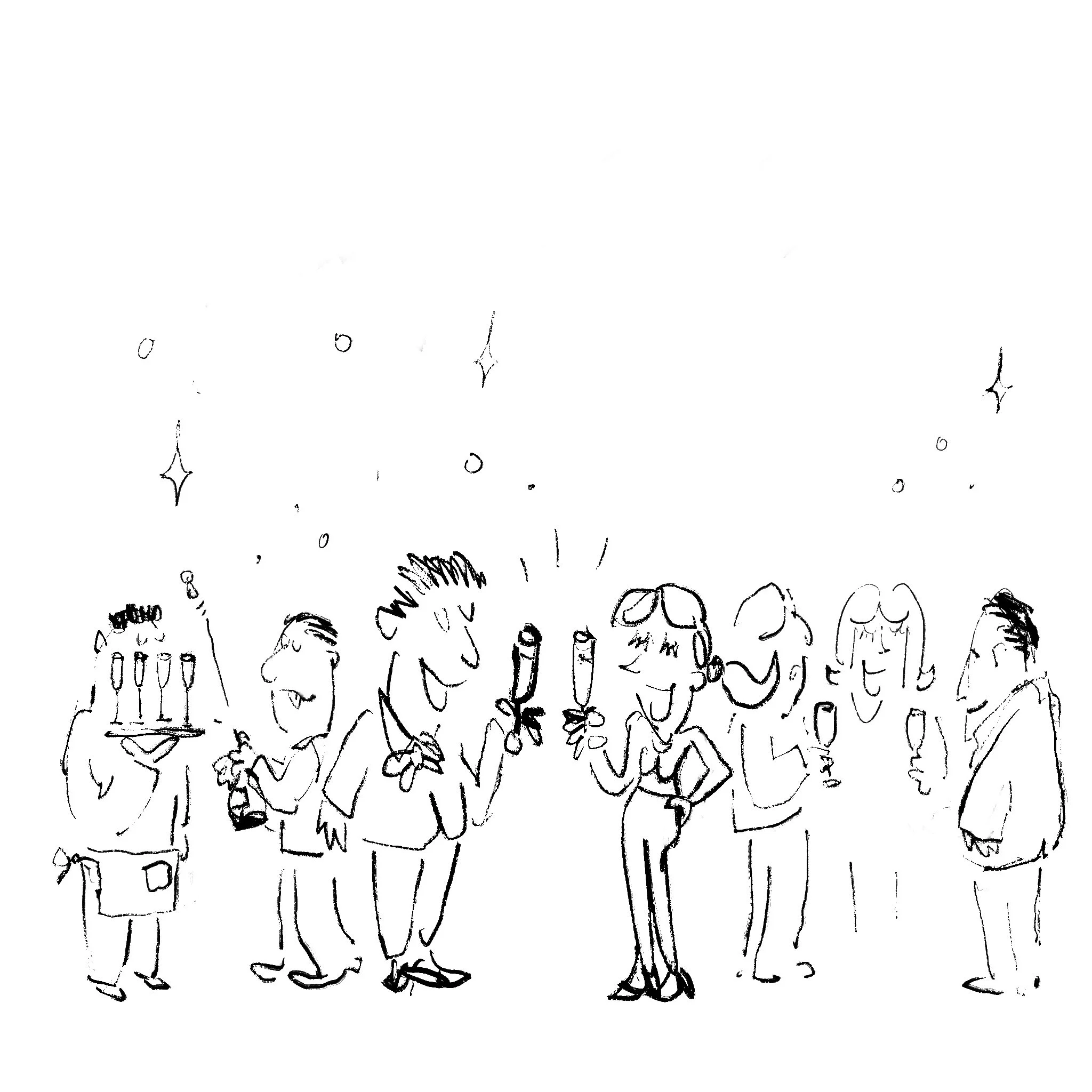 An ink illustration of a group of people celebrating together and cheering.
