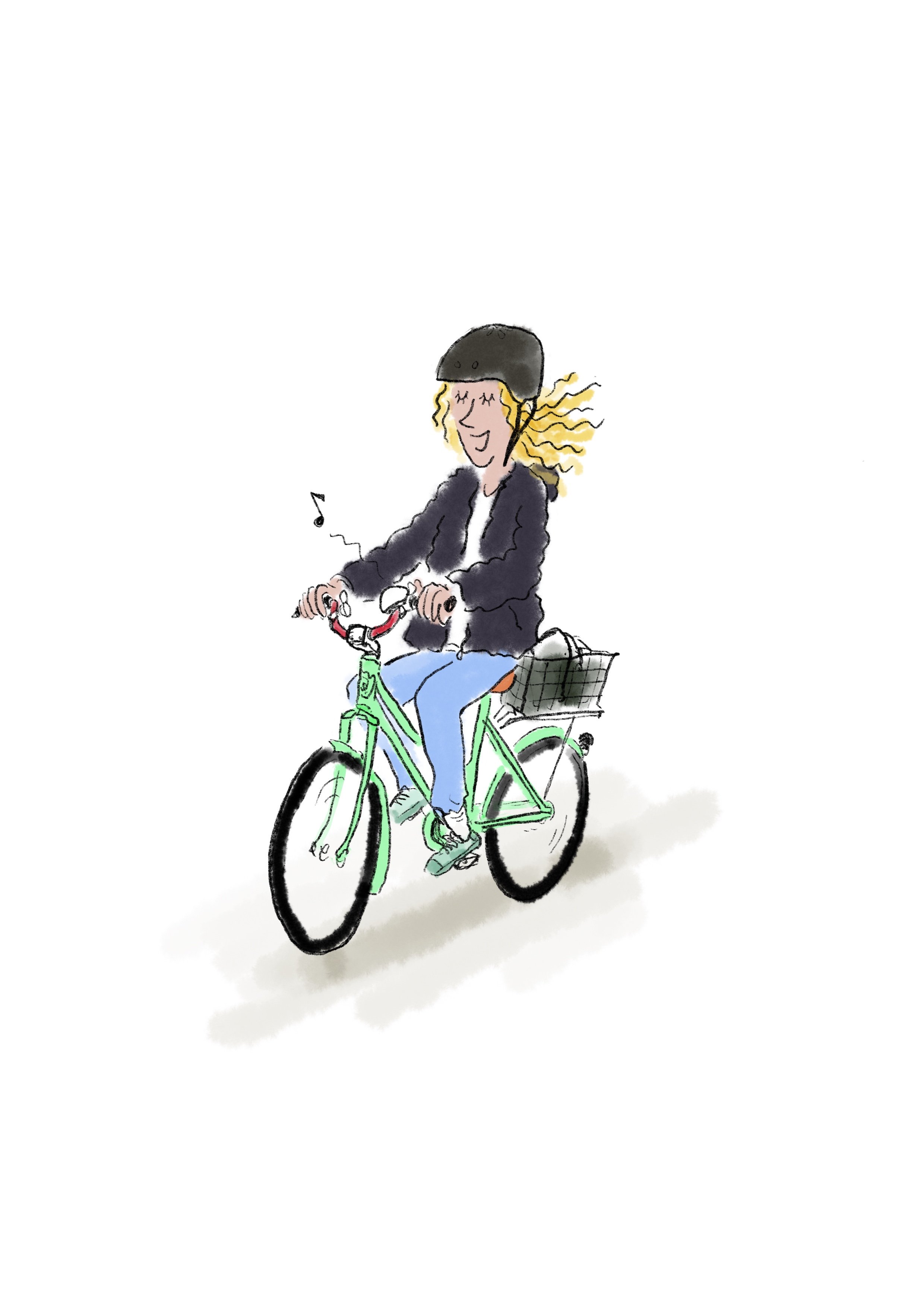 A woman with curly blonde hair, wearing a black helmet and jacket, riding a green bicycle with a basket on the back, smiling and enjoying herself.