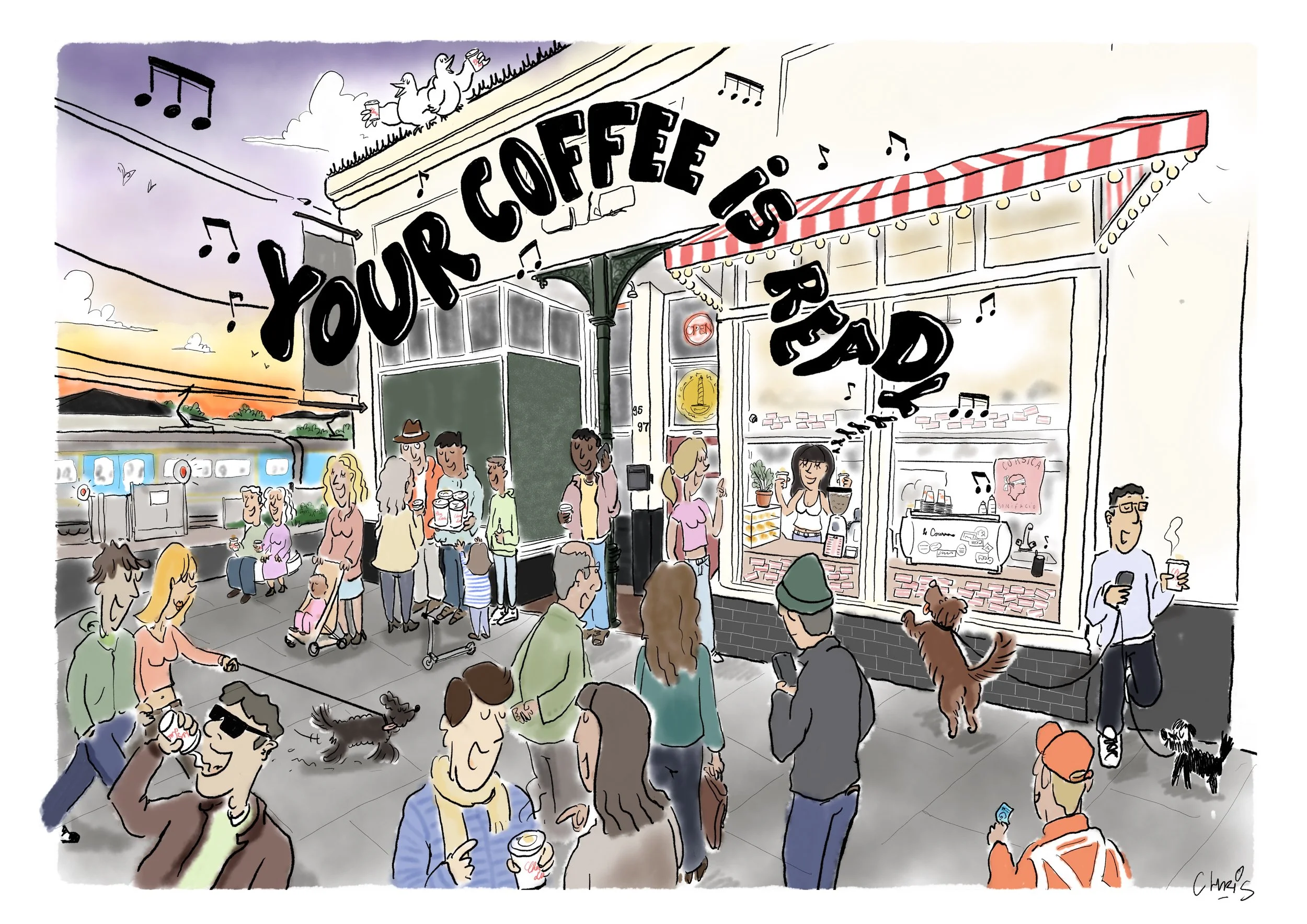 Digital illustration of a busy corner street coffee window with the barista singing and people enjoying their take-away coffees.