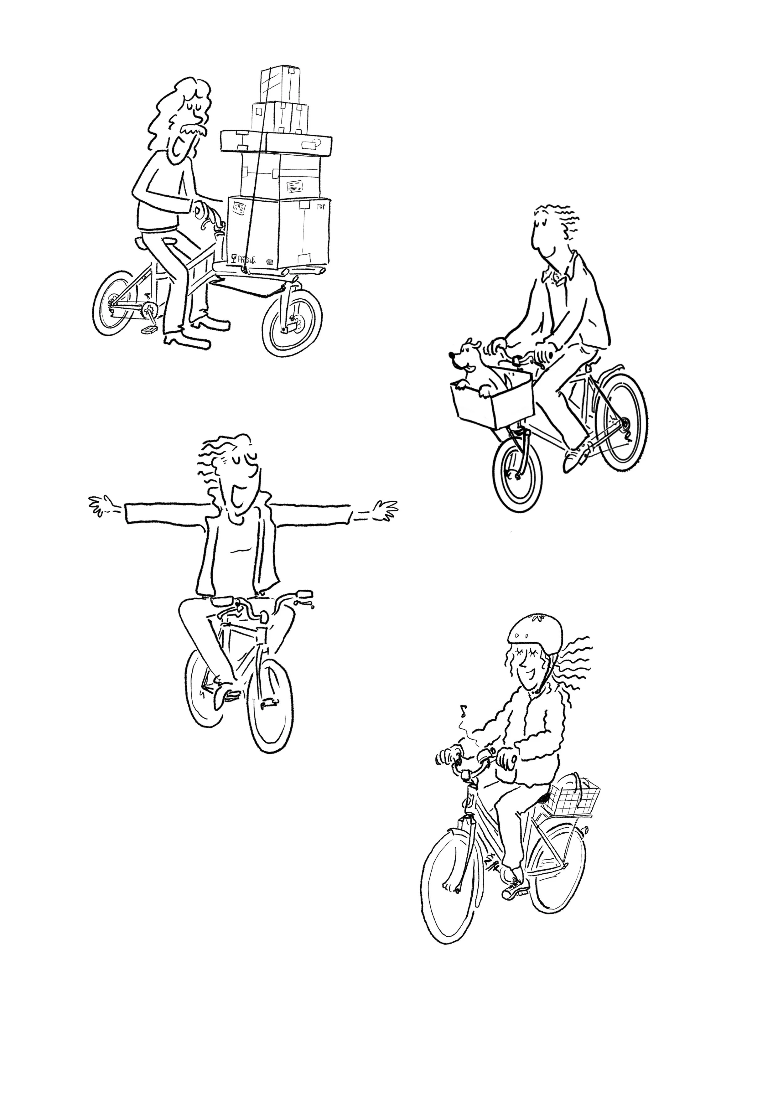 Black and white line drawings of a woman with curly hair riding a bicycle with a basket, a man with curly hair riding a bicycle with a basket and dog, a woman with curly hair riding a bicycle, and a woman with curly hair wearing a helmet riding a bicycle.
