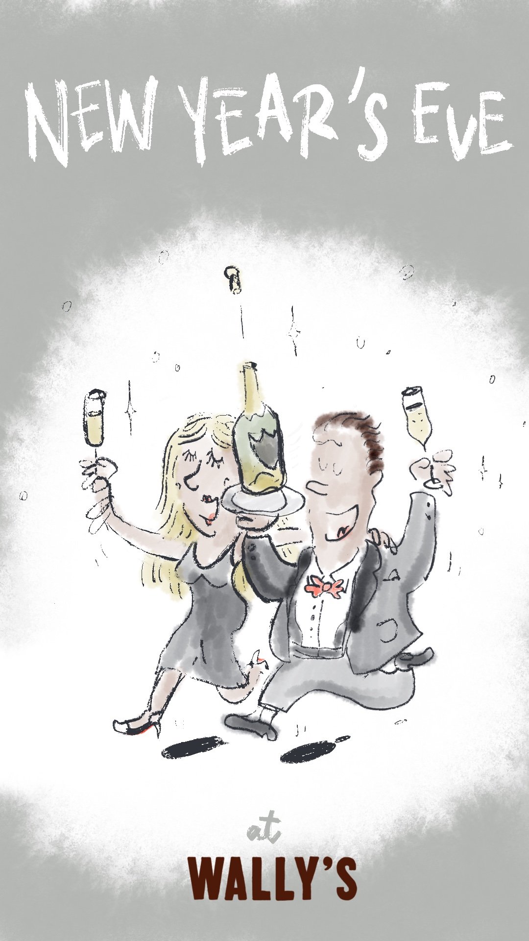 A cartoon illustration of a couple celebrating New Year's Eve with champagne glasses, dancing. The background has the text 'New Year's Eve' and the bottom shows 'at Wally's'.