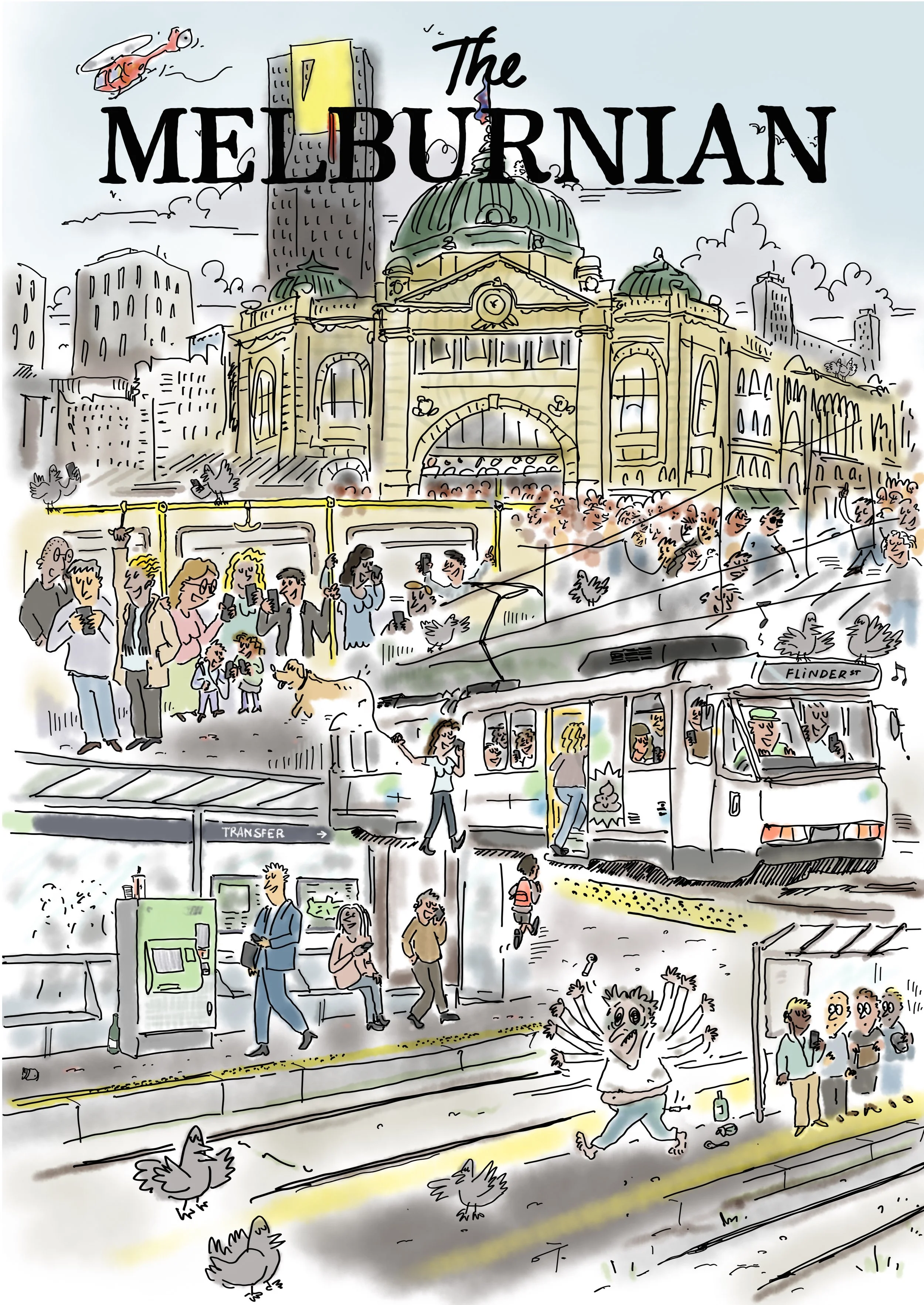 A colorful sketch of a busy city scene with people waiting for public transportation, including a tram, near a historic building labeled 'The Melbourne.' There are pigeons, a person in a costume, and various city buildings, with a tram labeled 'Flinders'.