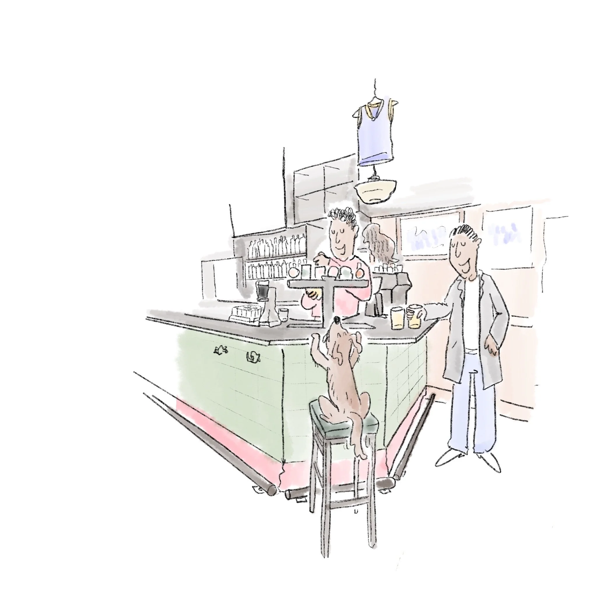 Sketch of a counter and shelves with bottles and jars in a cafe or bar, with two people standing nearby, one opening a drawer.